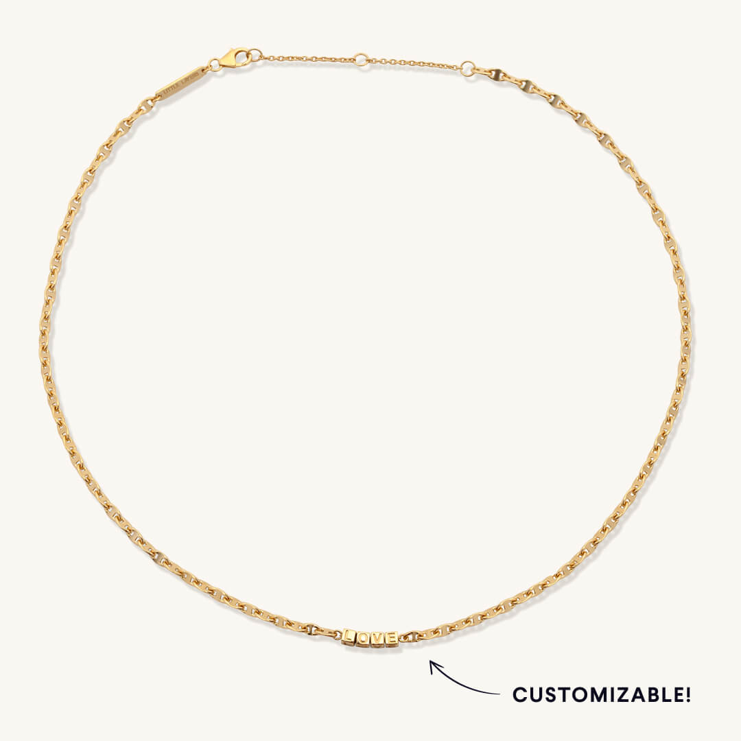 Gold necklace on a white background with 'Customizable!' text.