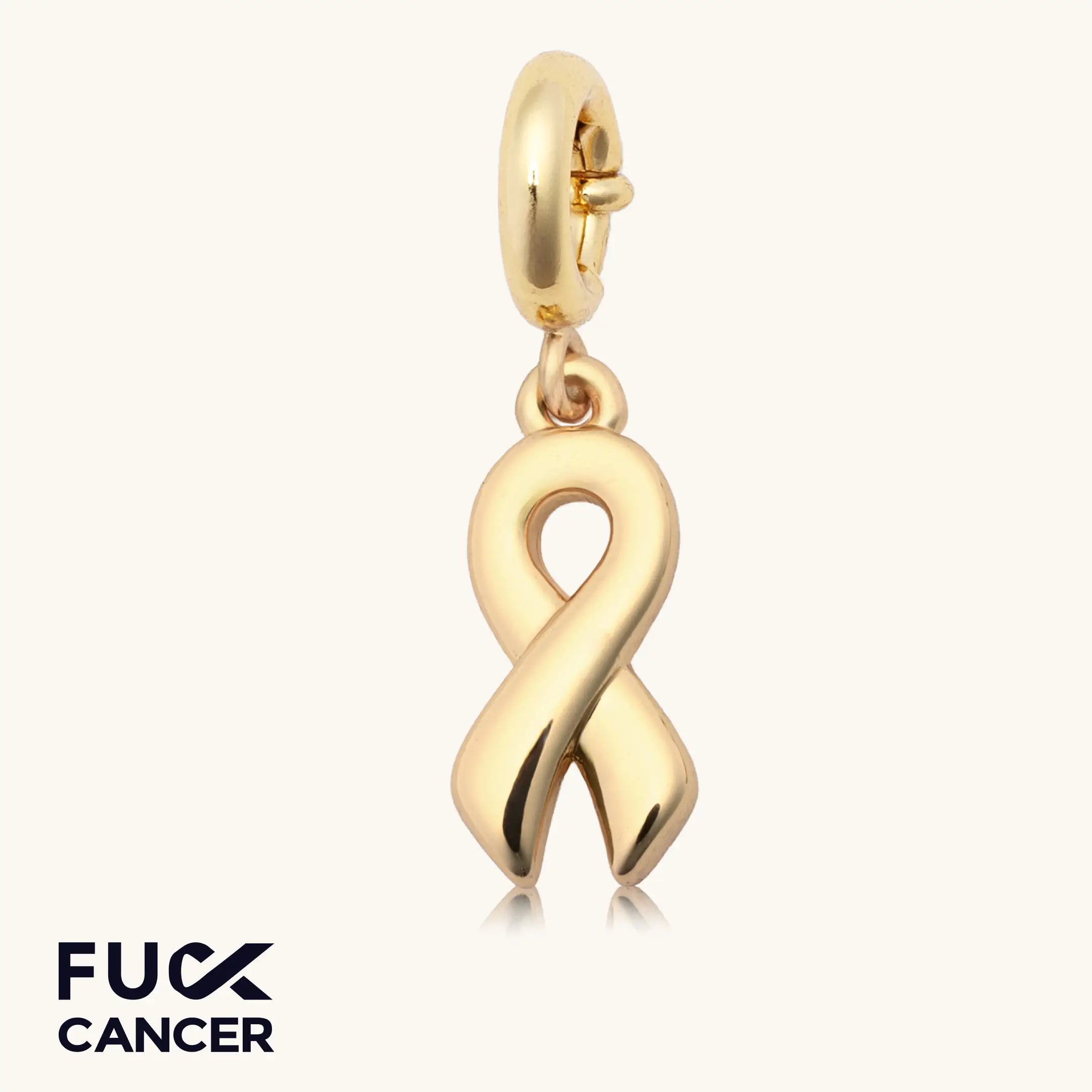 Gold ribbon charm on a white background with 'Fuck Cancer' text.