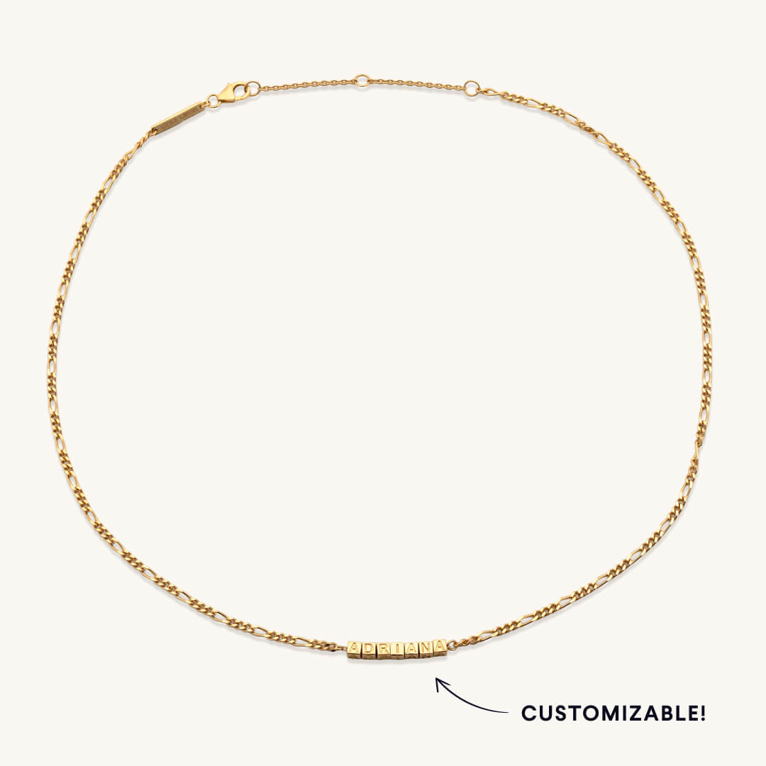 Gold necklace on a white background with 'Customizable!' text.