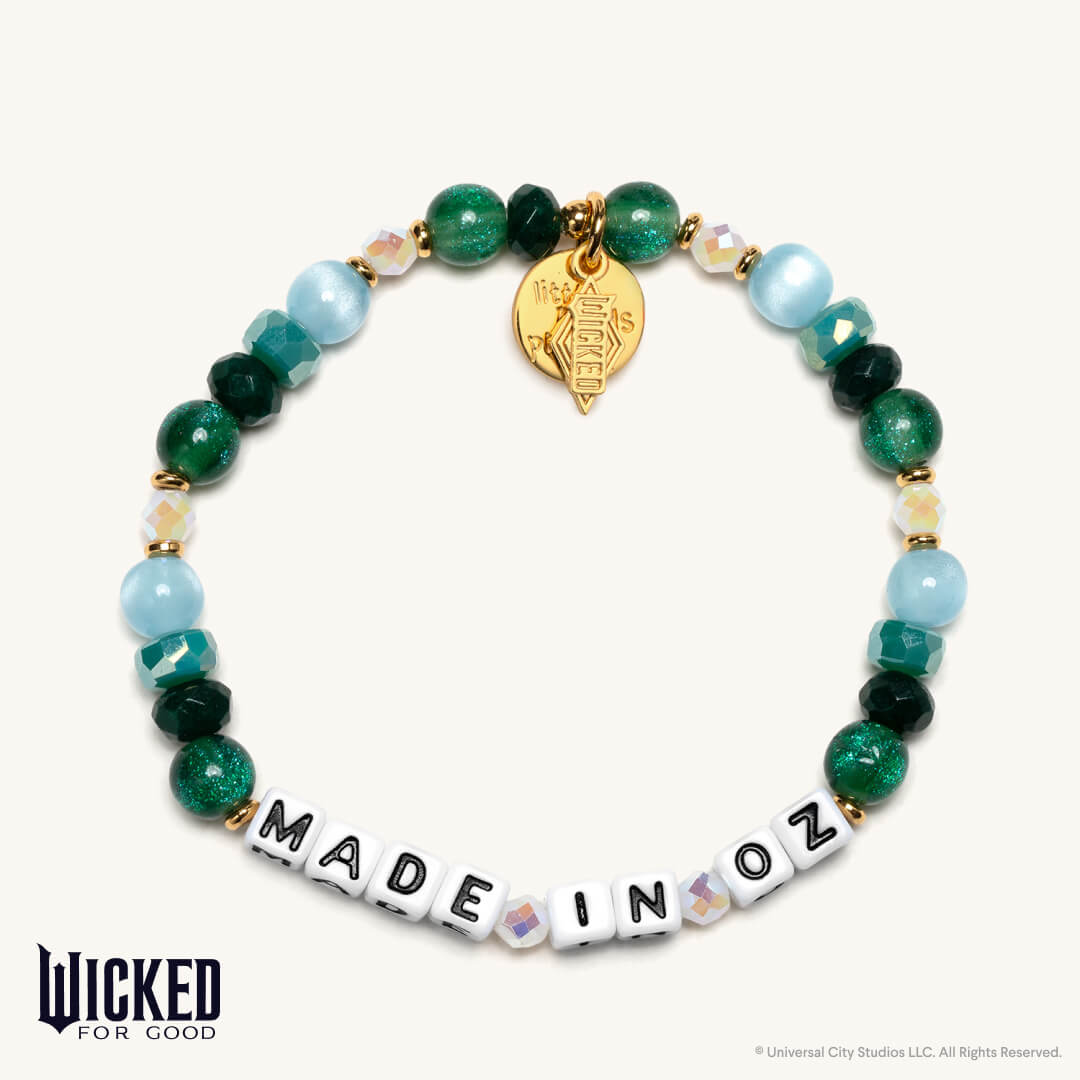 Beaded bracelet with 'MADE IN OZ' and gold charm on a white background, featuring the Wicked For Good brand.