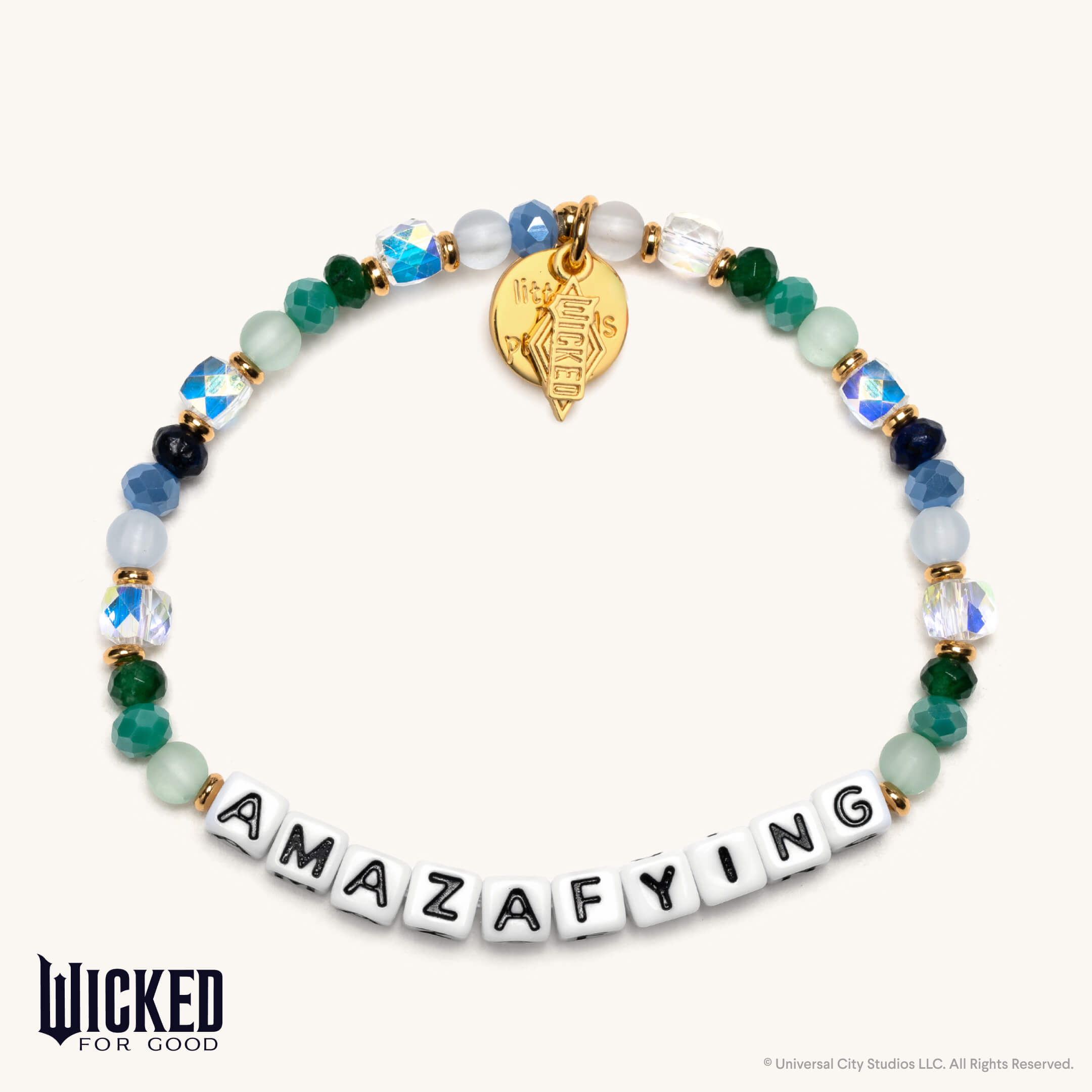 Colorful beaded bracelet with 'AMAZIFYING' charm and gold tag on a white background, featuring the Wicked for Good brand.