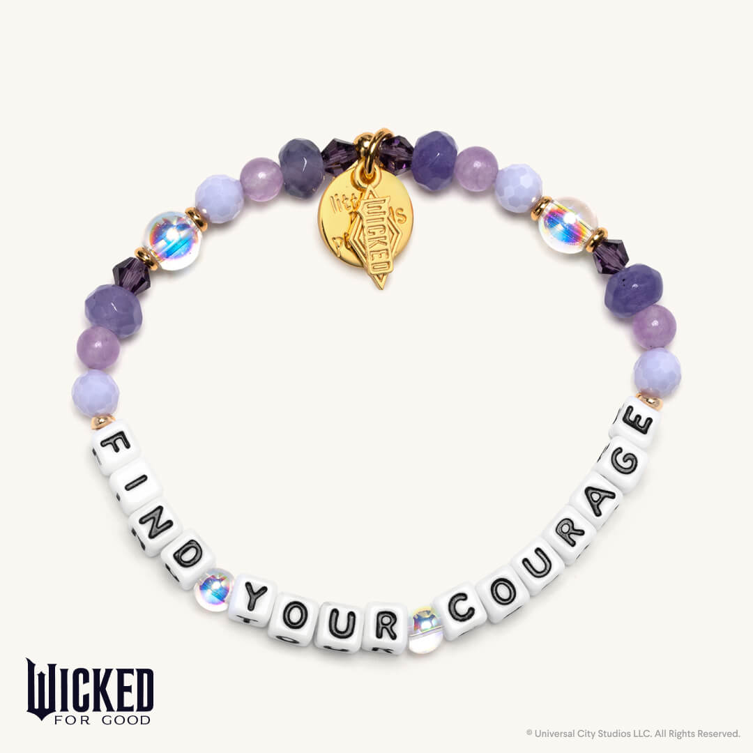 Bracelet with 'Find Your Courage' message and purple beads on a white background
