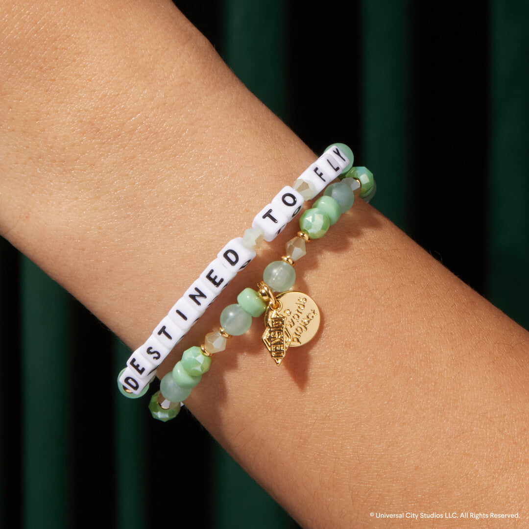 Bracelet with 'Destined to Fly' on a wrist against a green background