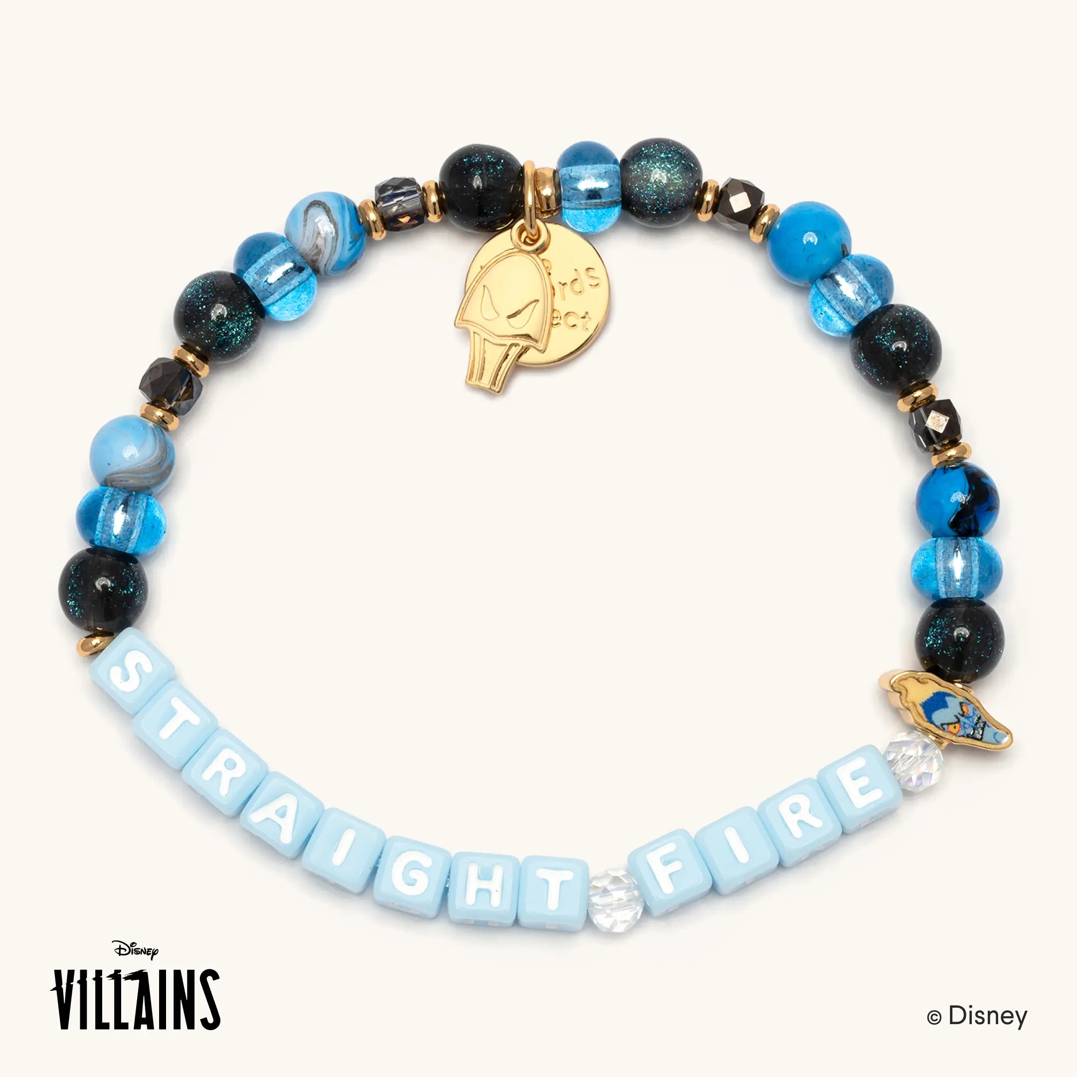 Straight Fire Disney Villains bracelet featuring Hades, with blue and black glitter beads, light blue letter beads spelling STRAIGHT FIRE, a gold Hades charm and an enamel Hades charm.
