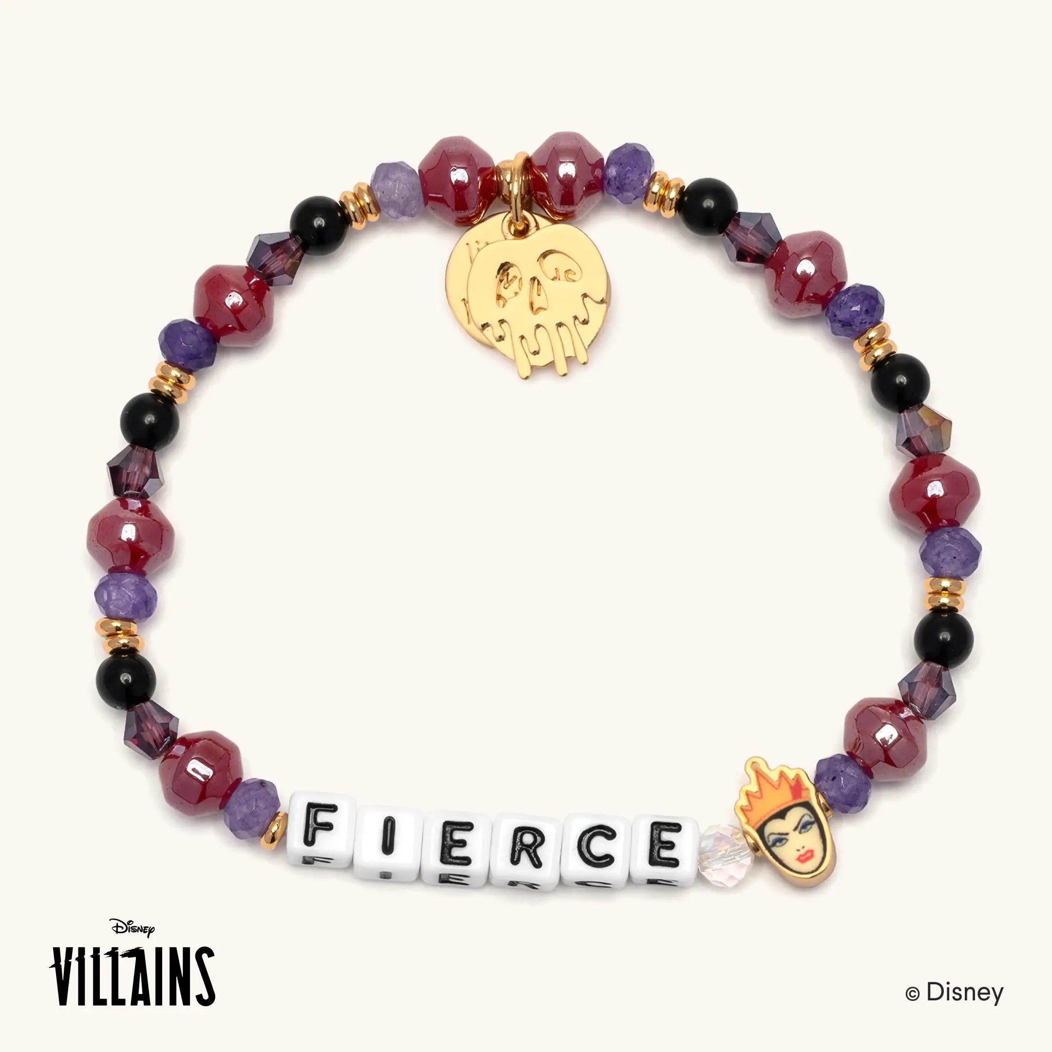 Fierce Disney Villains bracelet featuring the Evil Queen, with deep red, purple and black beads, white letter beads spelling FIERCE, a gold poison apple charm and an enamel Evil Queen charm.