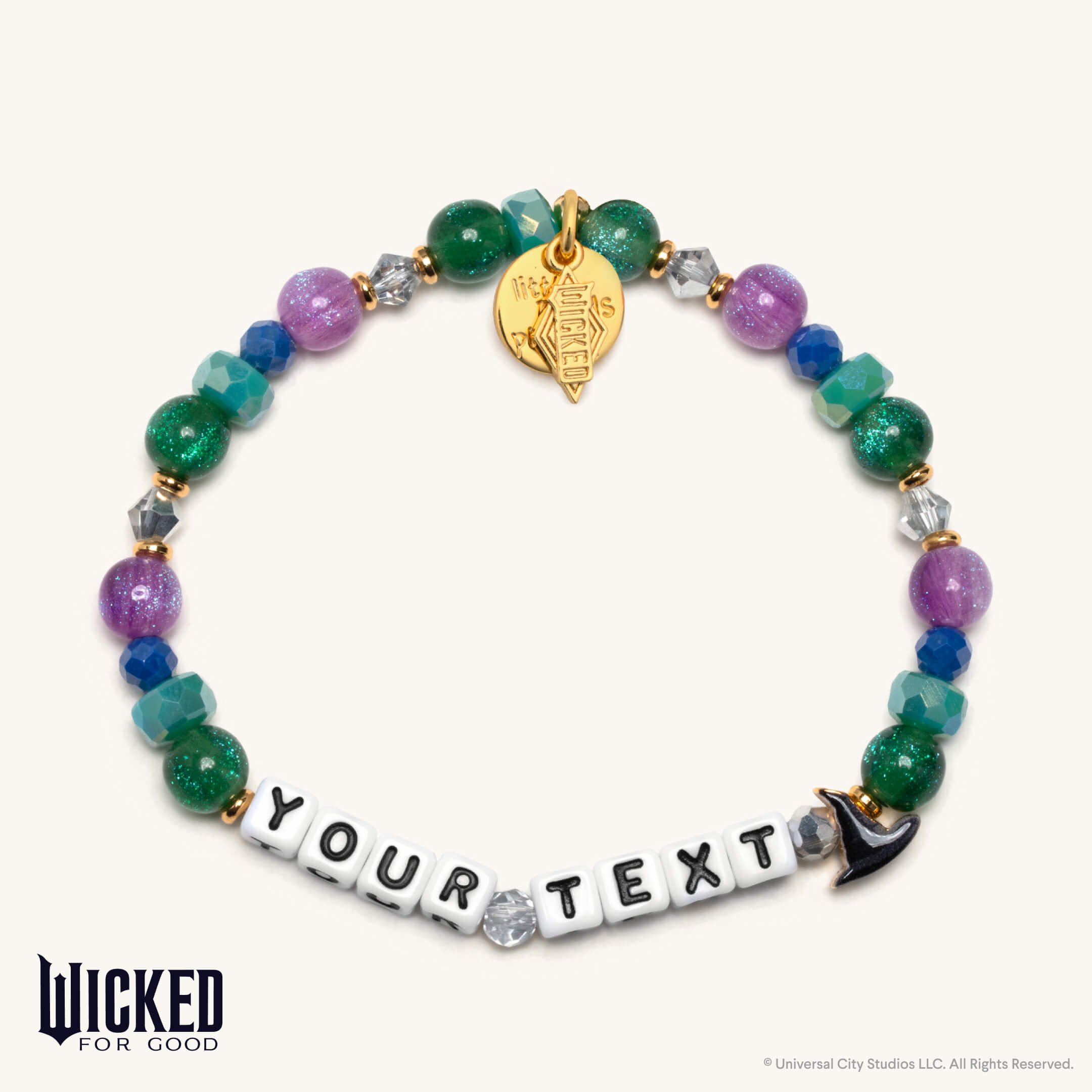 Colorful beaded bracelet with customizable text on a white background, featuring the brand 'Wicked for Good'.