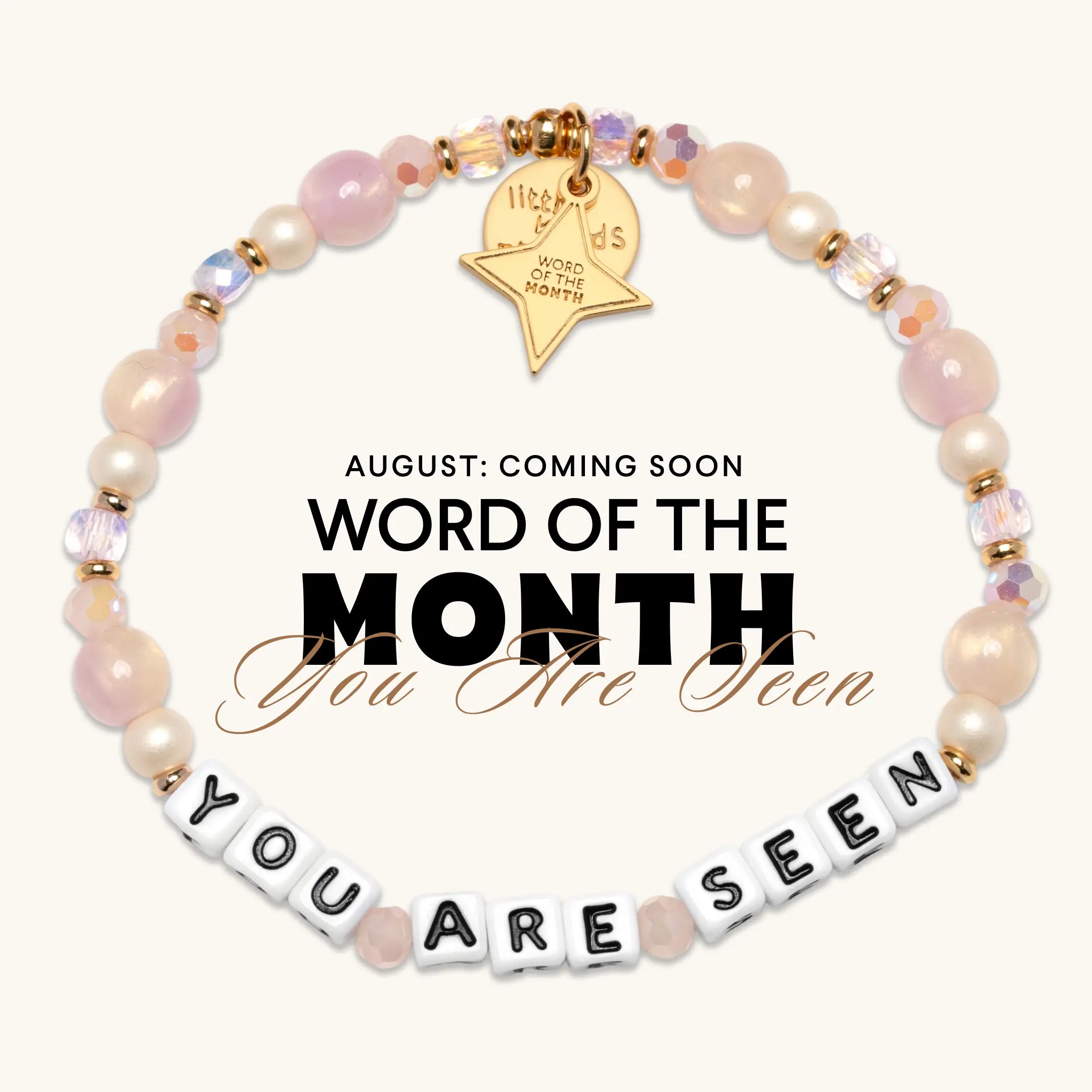 A beaded bracelet on a light cream background, with the words 'You Are Seen'.