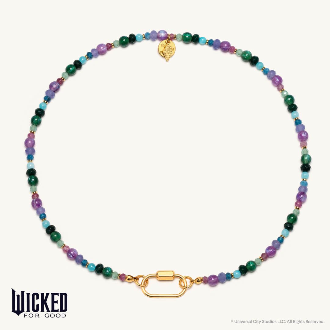 Multicolored beaded necklace with a gold clasp on a white background, featuring the 'Wicked for Good' brand.