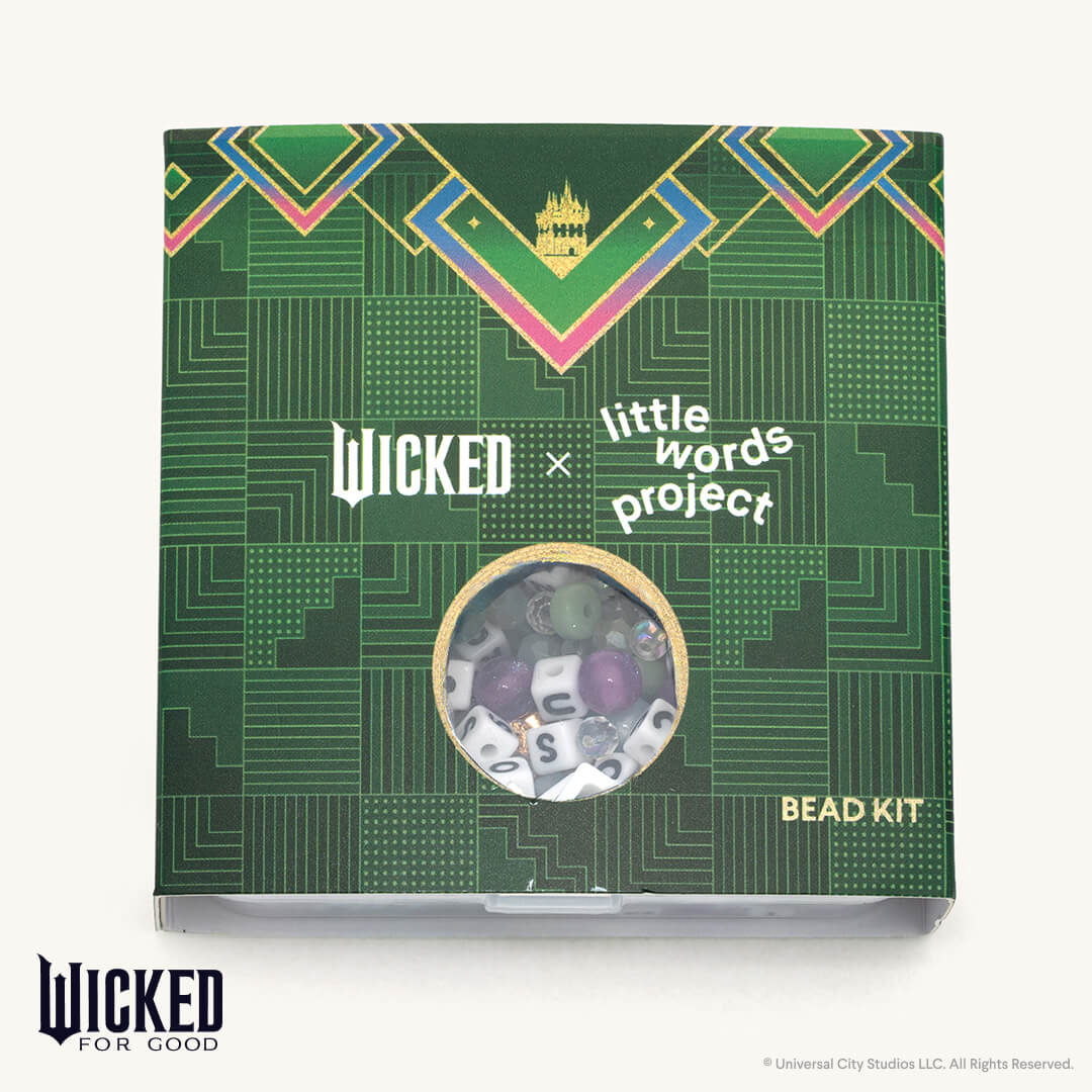 Bead kit packaging with 'Wicked' and 'Little Words Project' branding on a green patterned background.