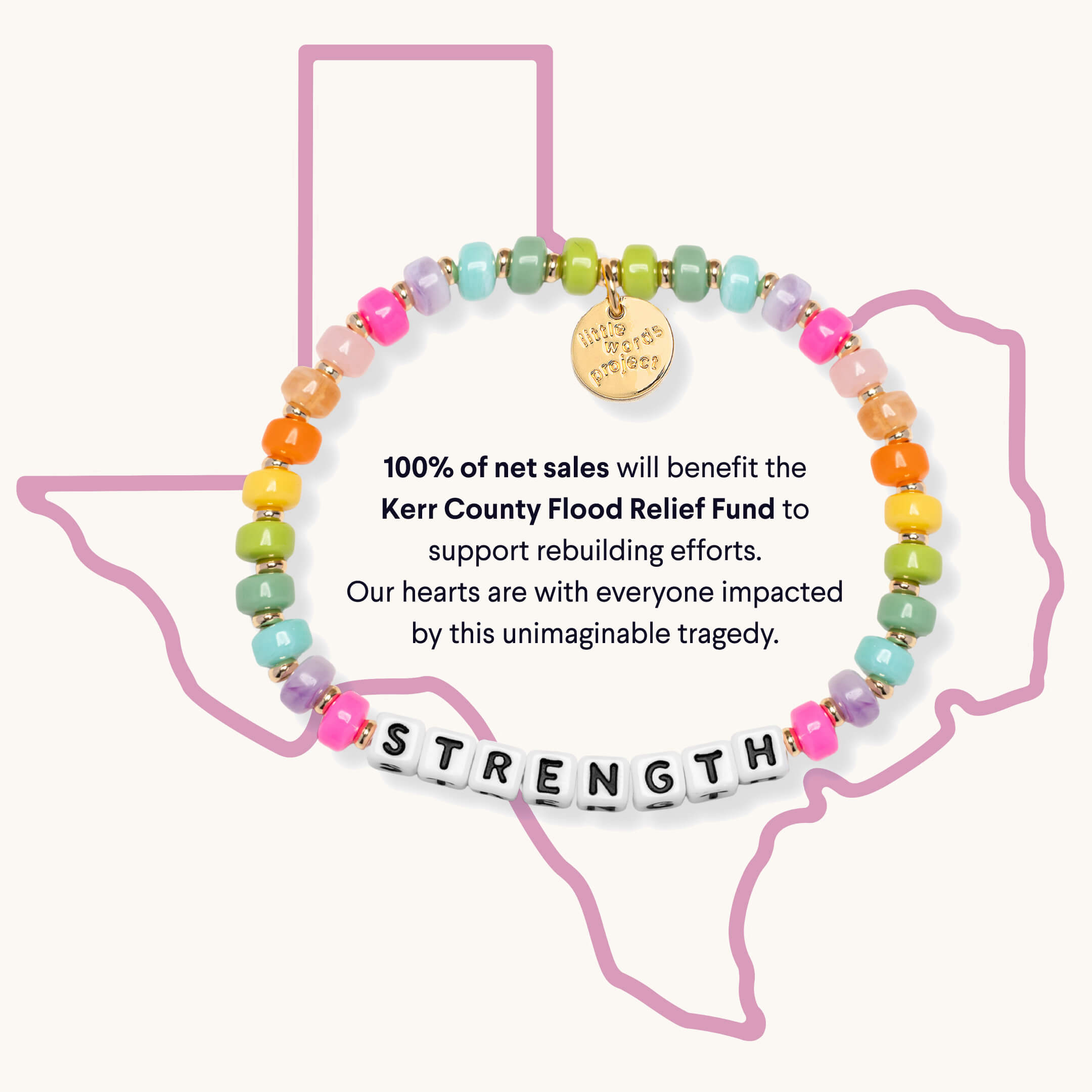 Colorful beaded bracelet with 'STRENGTH' charm on a Texas-shaped outline, benefiting Kerr County Flood Relief Fund.