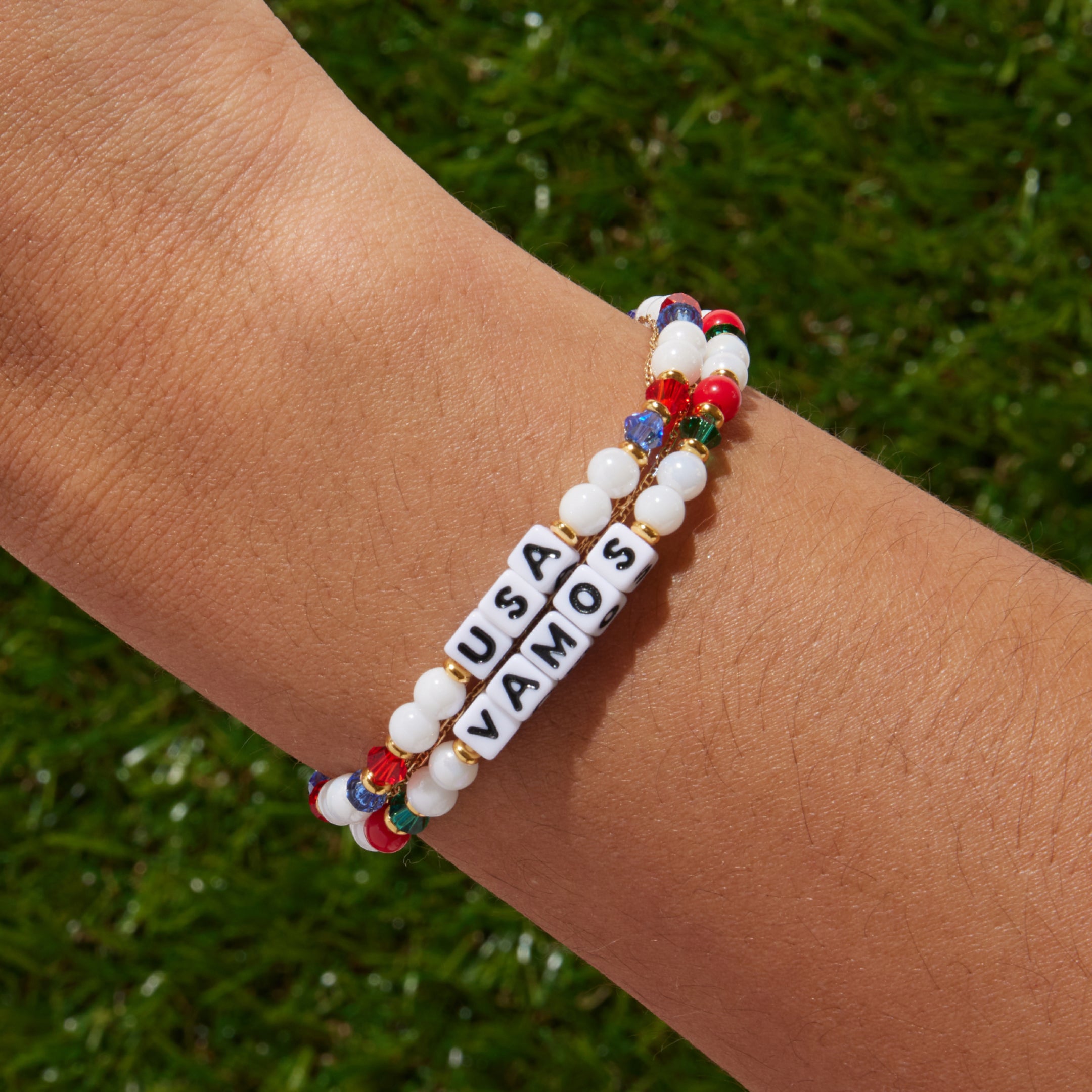 USA and Vamos bracelets styled together - Little Words Project Fill Your Cup World Cup collection
