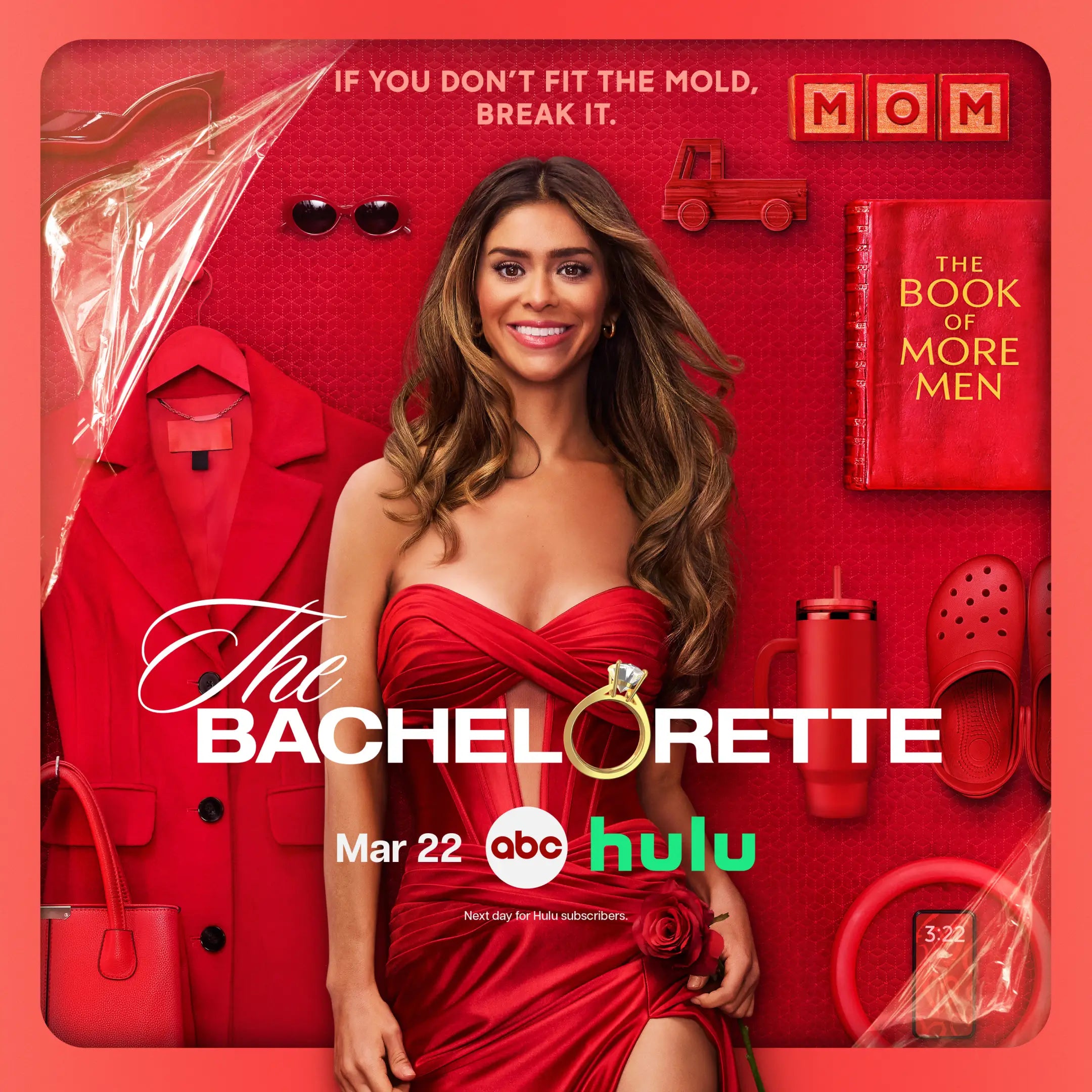 Promotional poster for 'The Bachelorette' with a woman in a red dress against a red background.