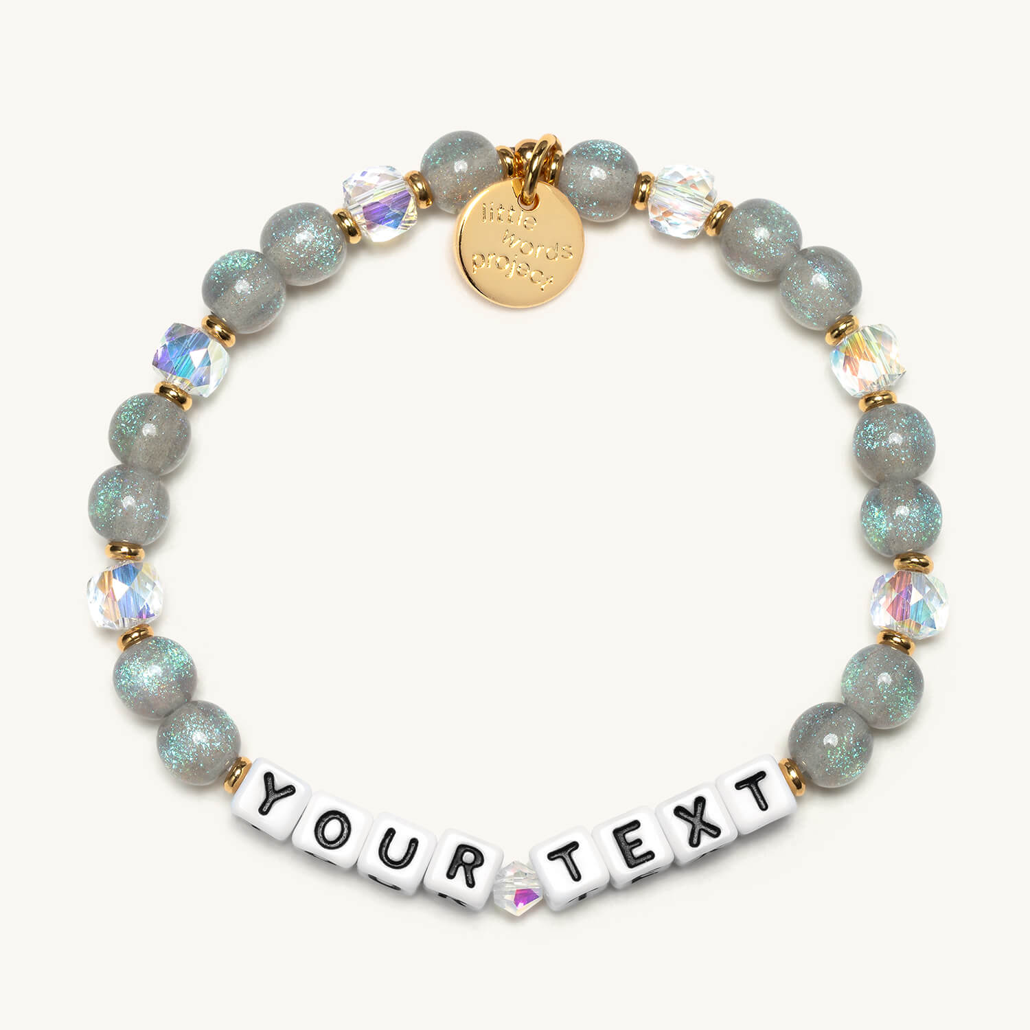 Beaded bracelet with 'YOUR TEXT' charm on a white background
