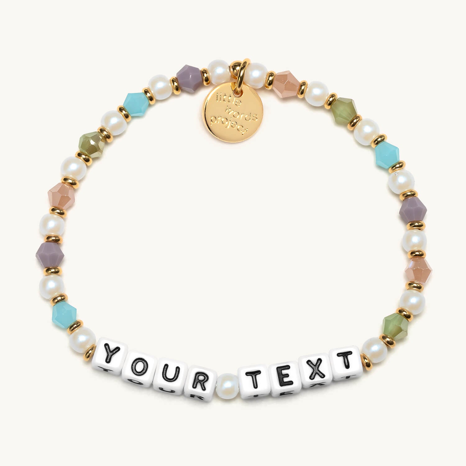 Multicolored beaded bracelet with 'YOUR TEXT' charm on a white background