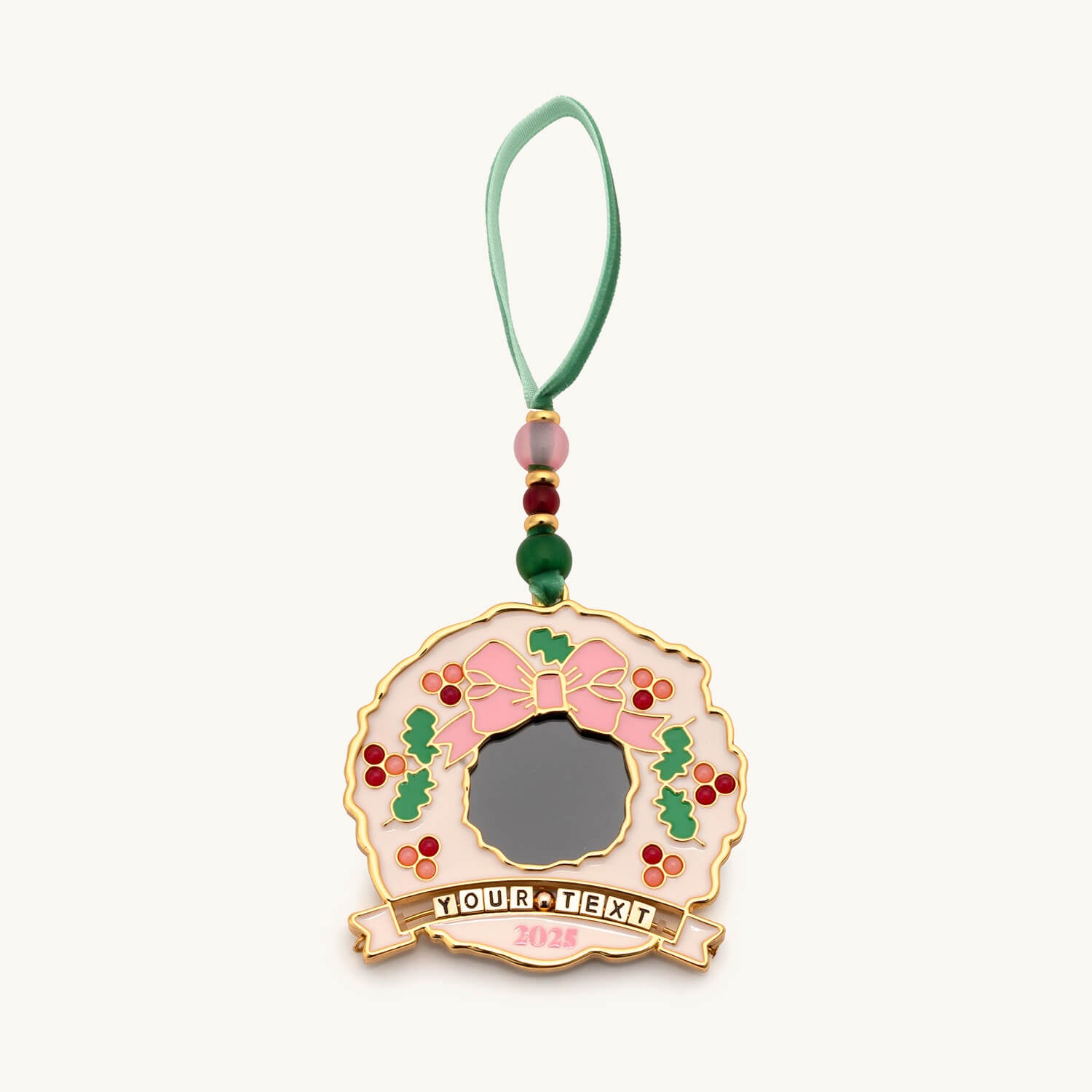 Decorative wreath ornament with customizable text on a white background