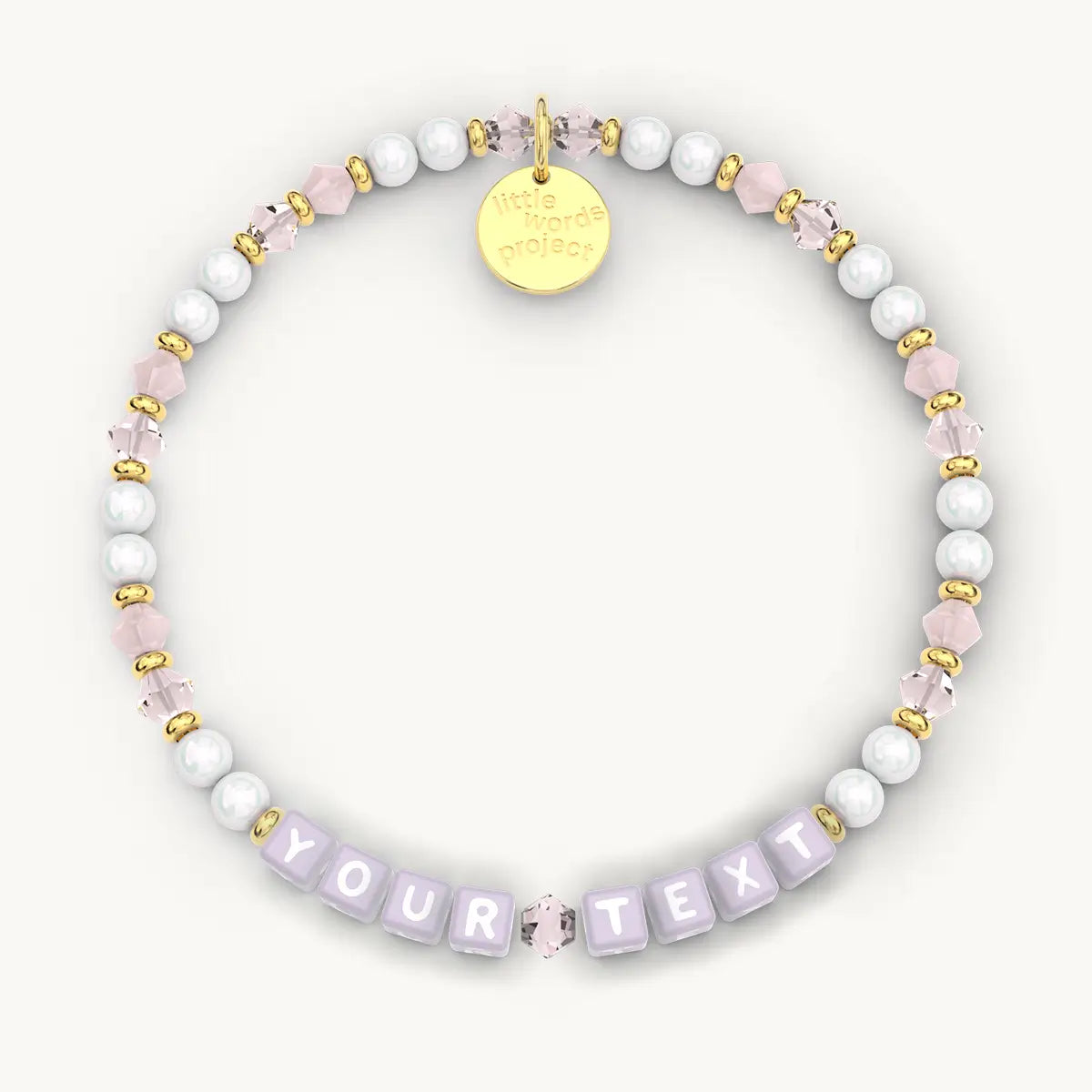 Personalized beaded bracelet with customizable text on a white background