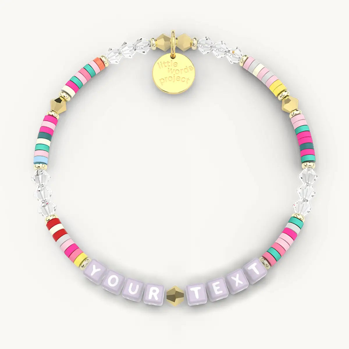 Colorful beaded bracelet with customizable text charm on a white background