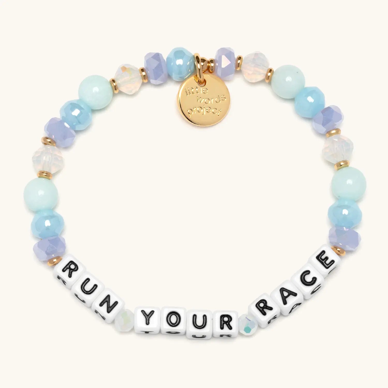 Little Words Project Run Your Race bracelet, flat-lay on white background