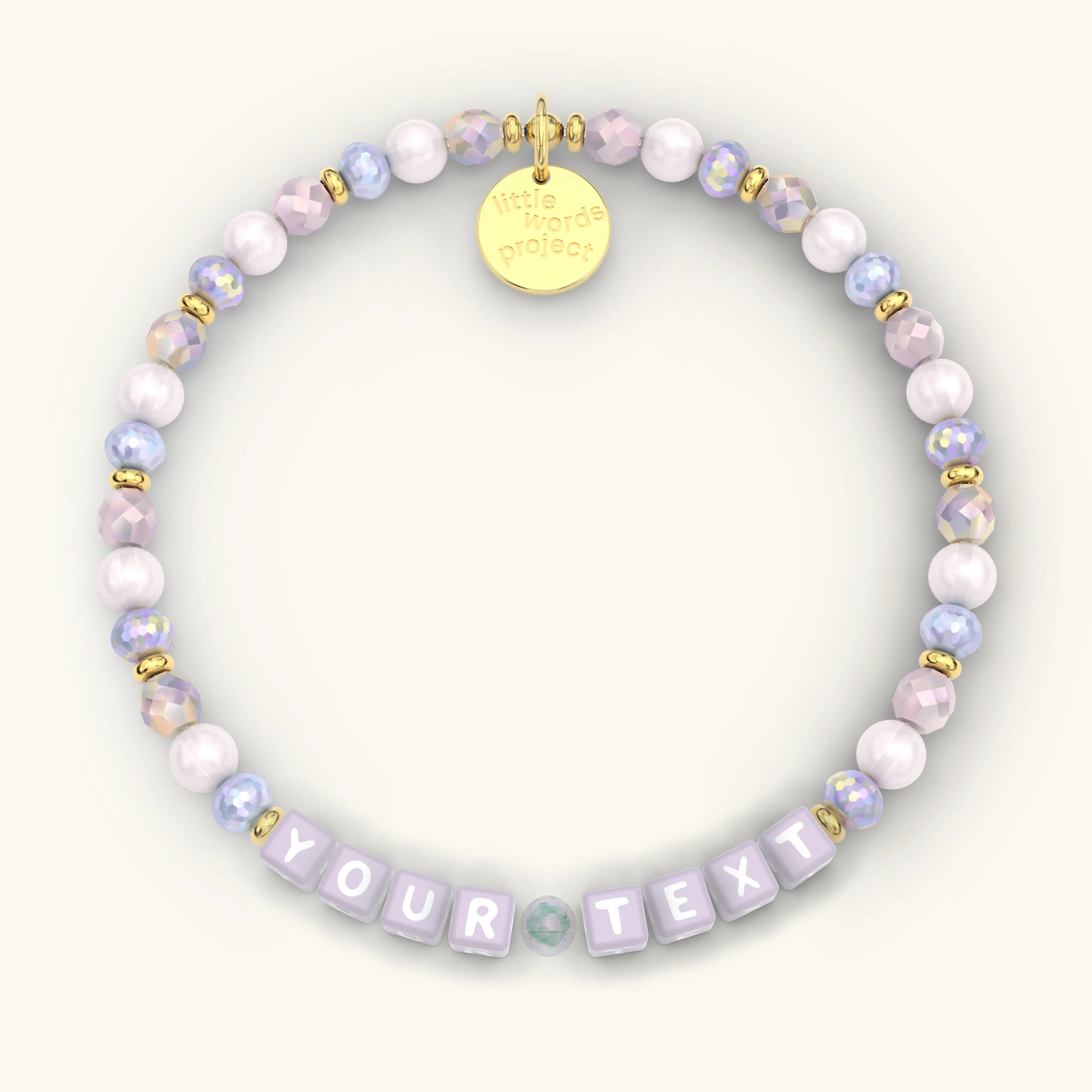 Custom bracelet with Purple Letters reading "YOUR TEXT"