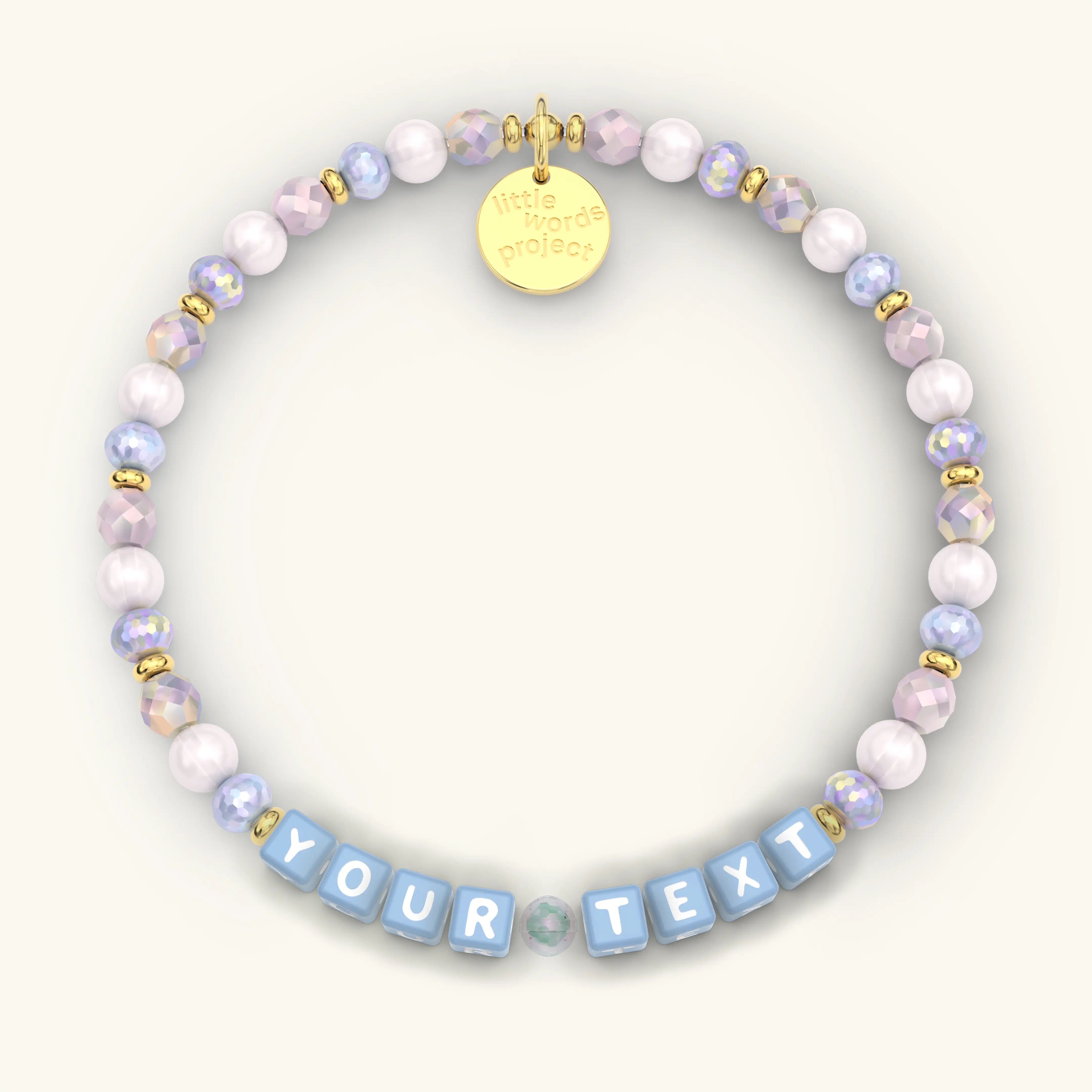 Custom bracelet with Blue Letters reading "YOUR TEXT"