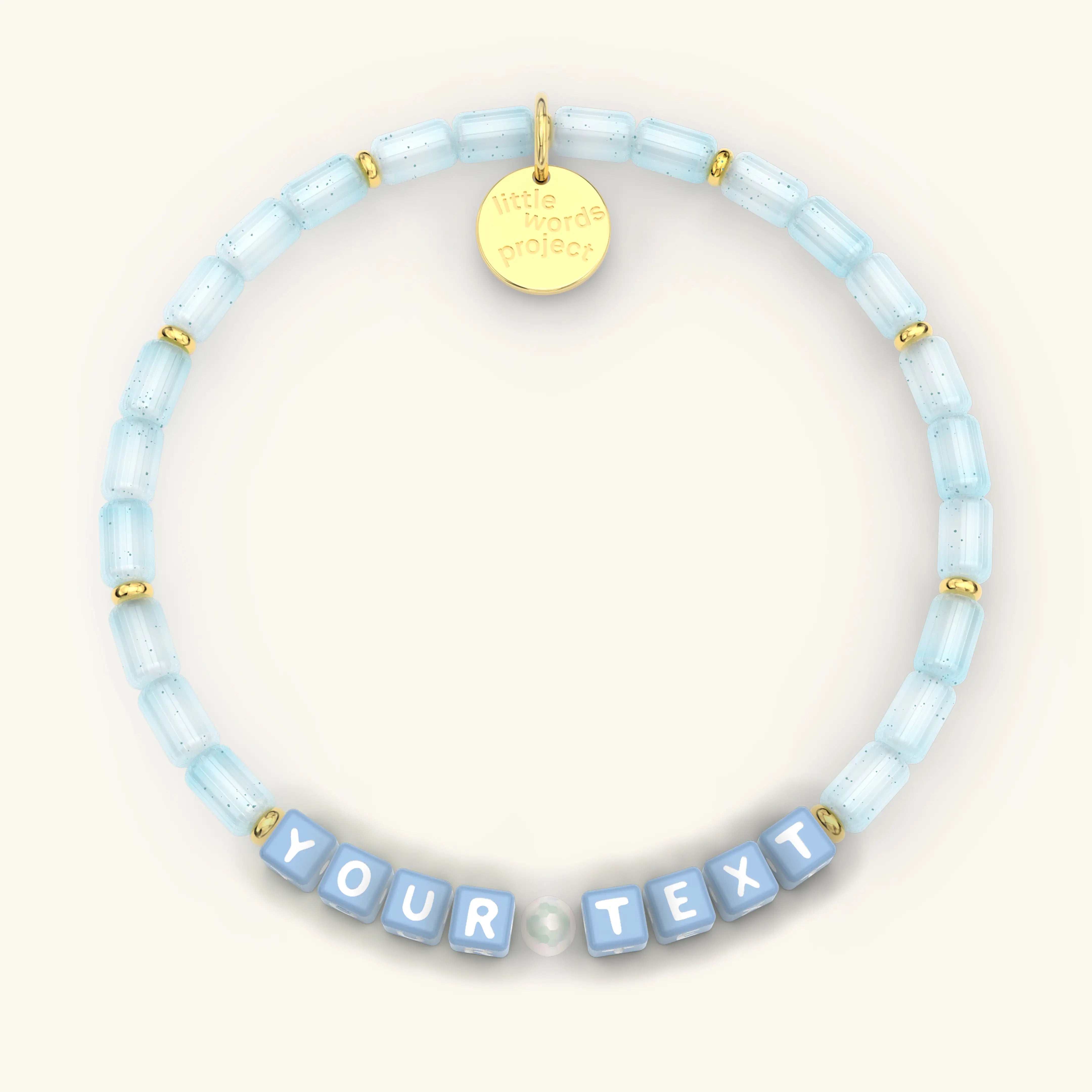 Custom bracelet with Blue Letters reading "YOUR TEXT"