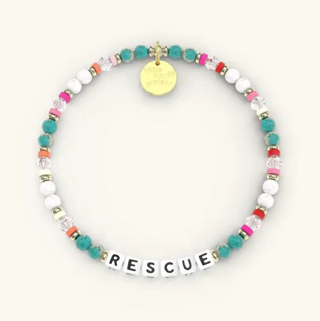 Colorful beaded bracelet with a gold tag and 'RESCUE' on a white background