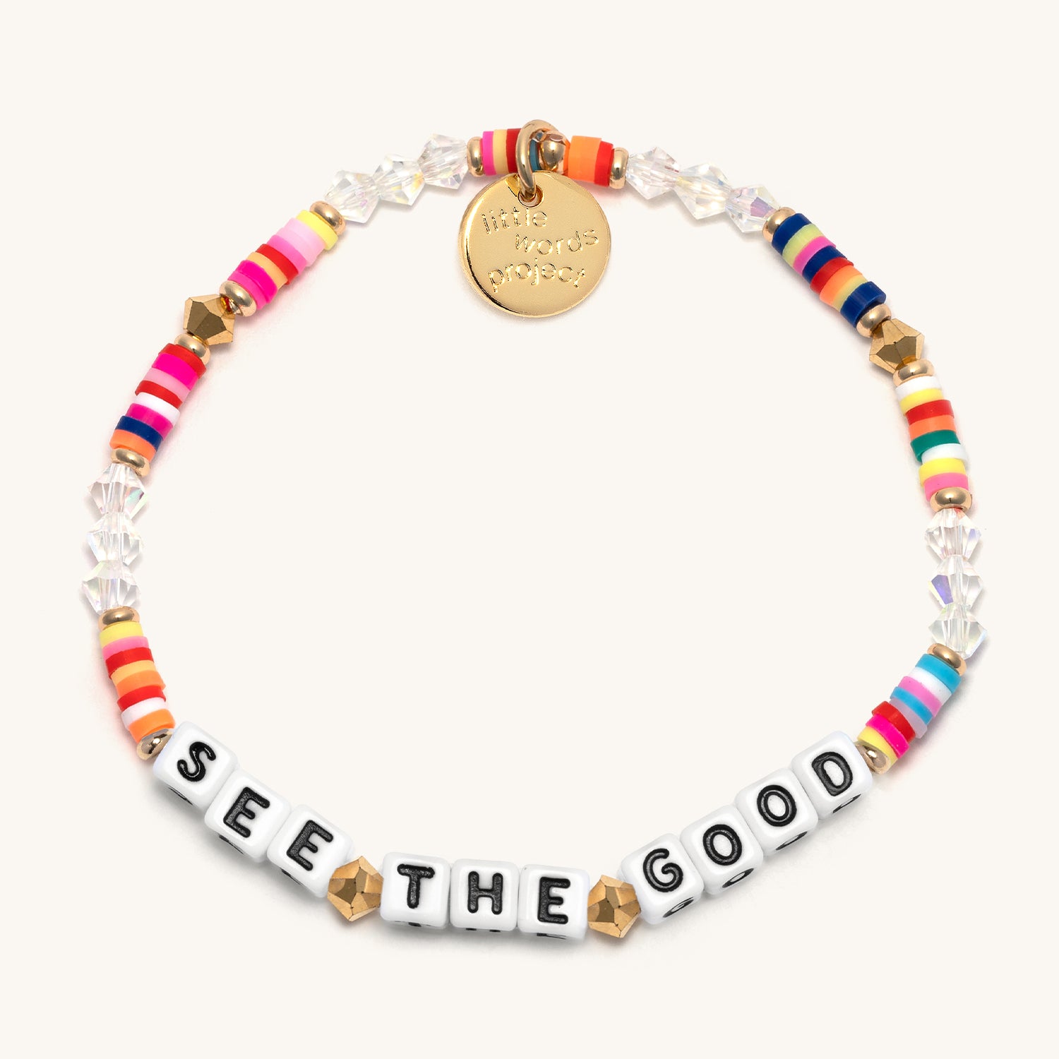 Colorful beaded bracelet with 'SEE THE GOOD' message on a white background