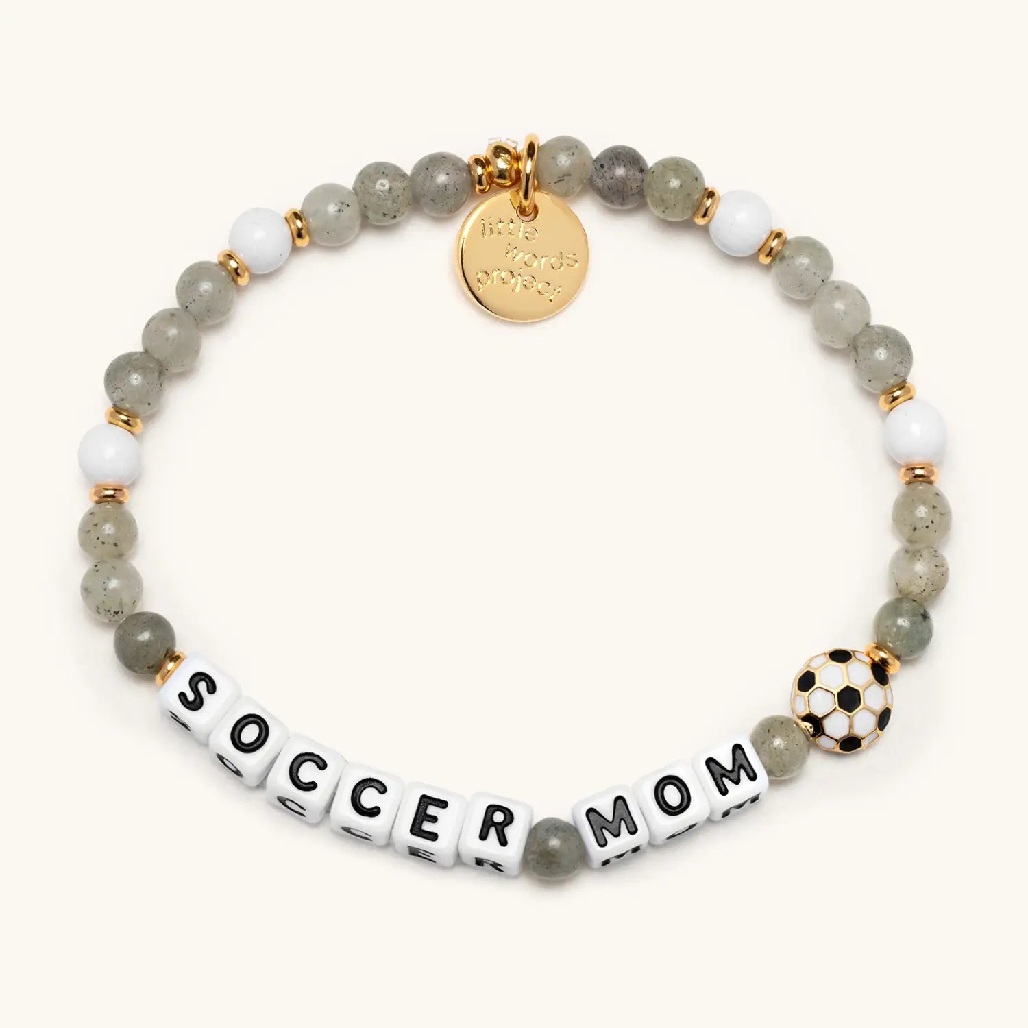 Bracelet with beads that reads 'Soccer Mom' on a white background