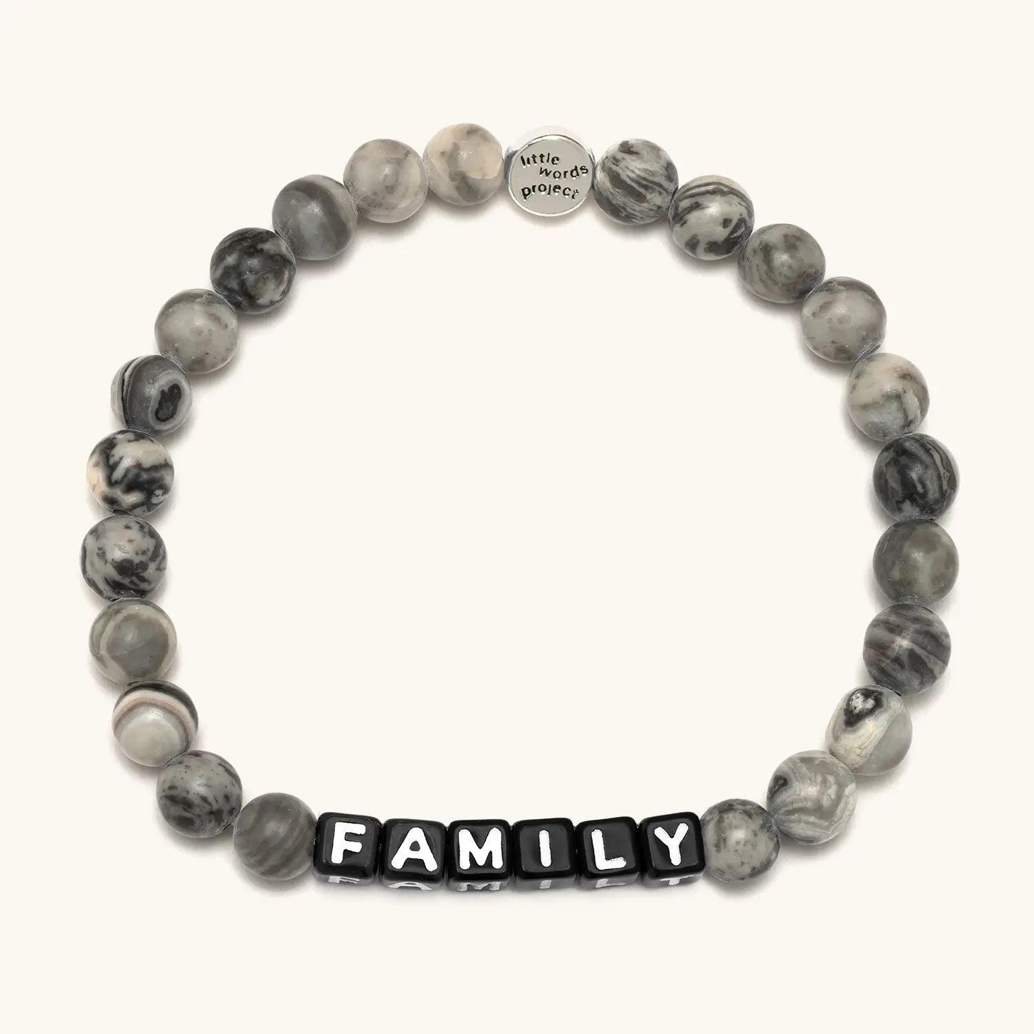 Gray marbled beaded bracelet with a black 'FAMILY' on a white background