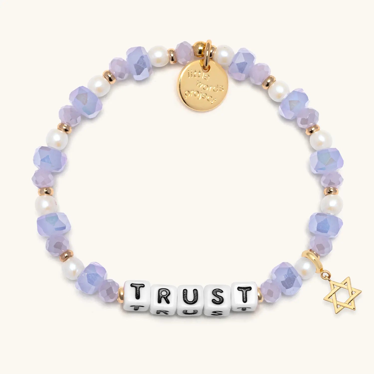 Bracelet with purple beads, gold accents, and a 'Trust' on a white background
