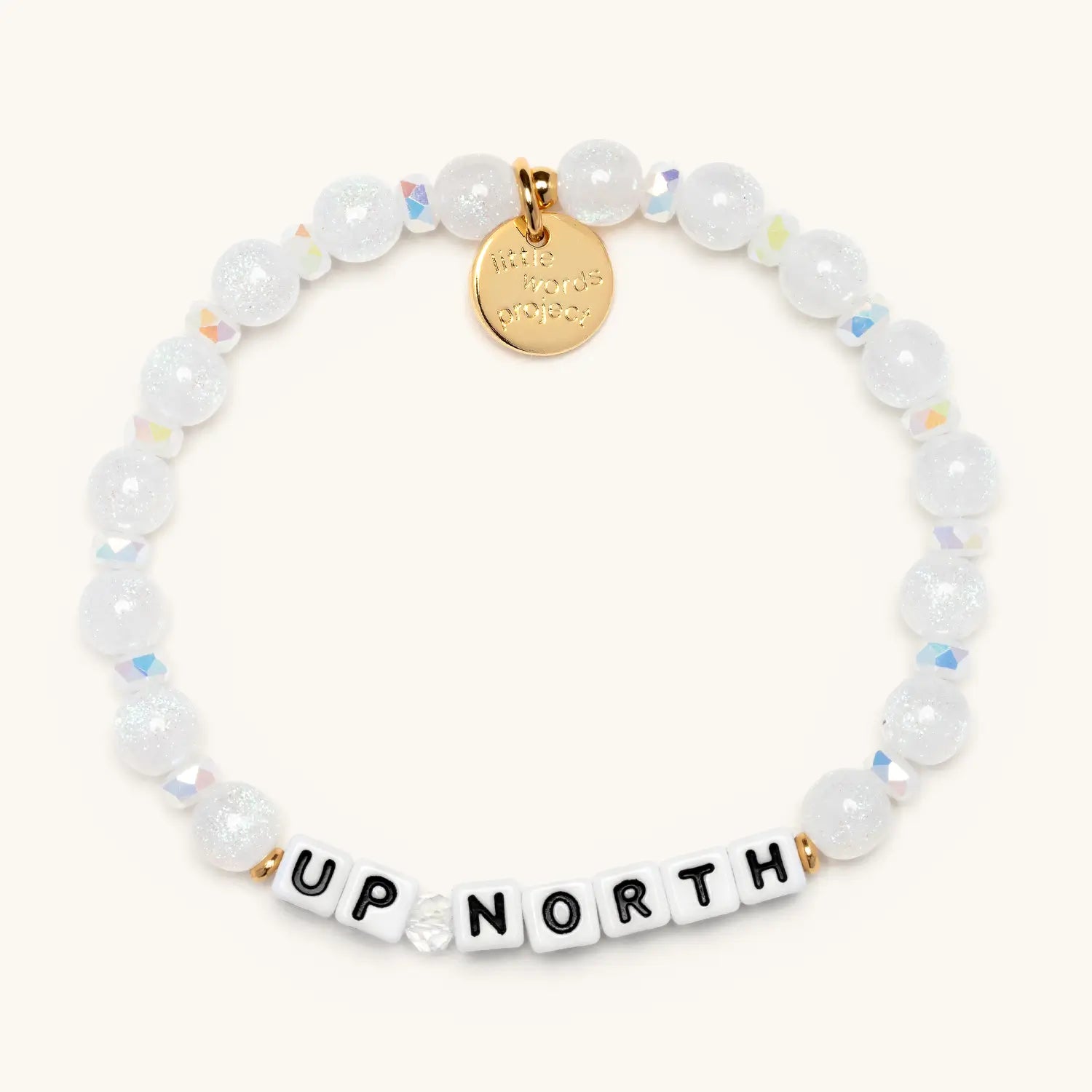 Bracelet with white beads and 'UP NORTH' on a white background