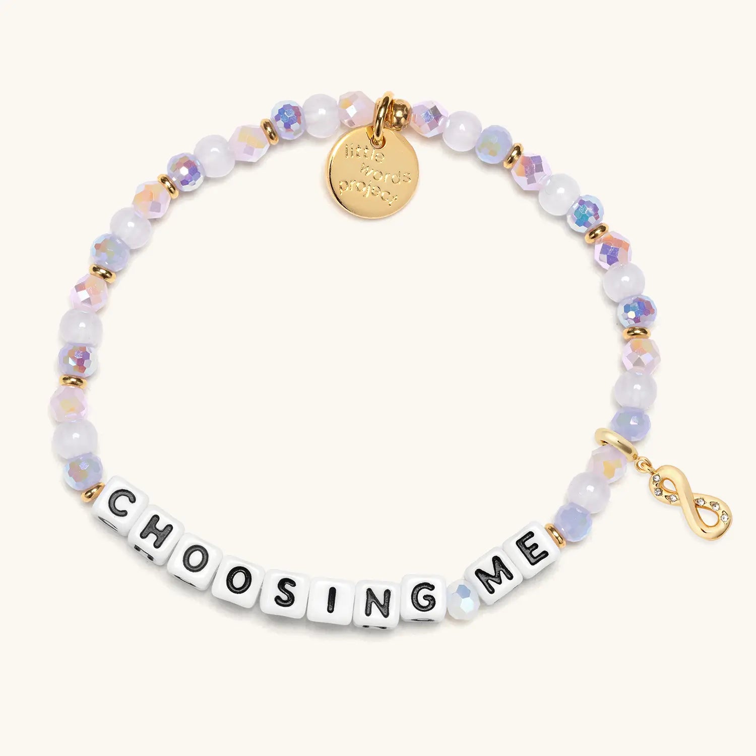 Bracelet with 'CHOOSING ME' beads and gold accents on a white background