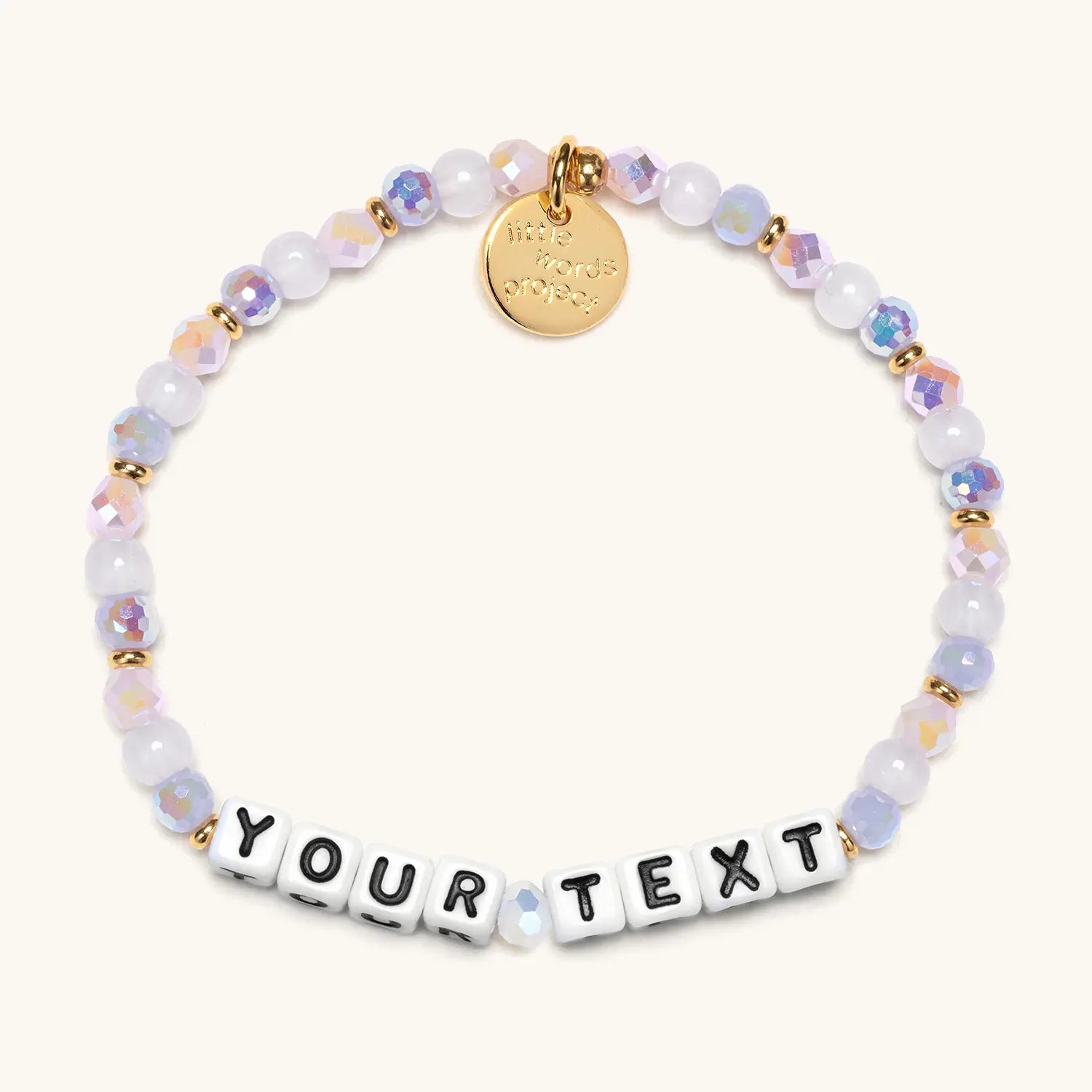 Personalized beaded bracelet with letter beads on a white background