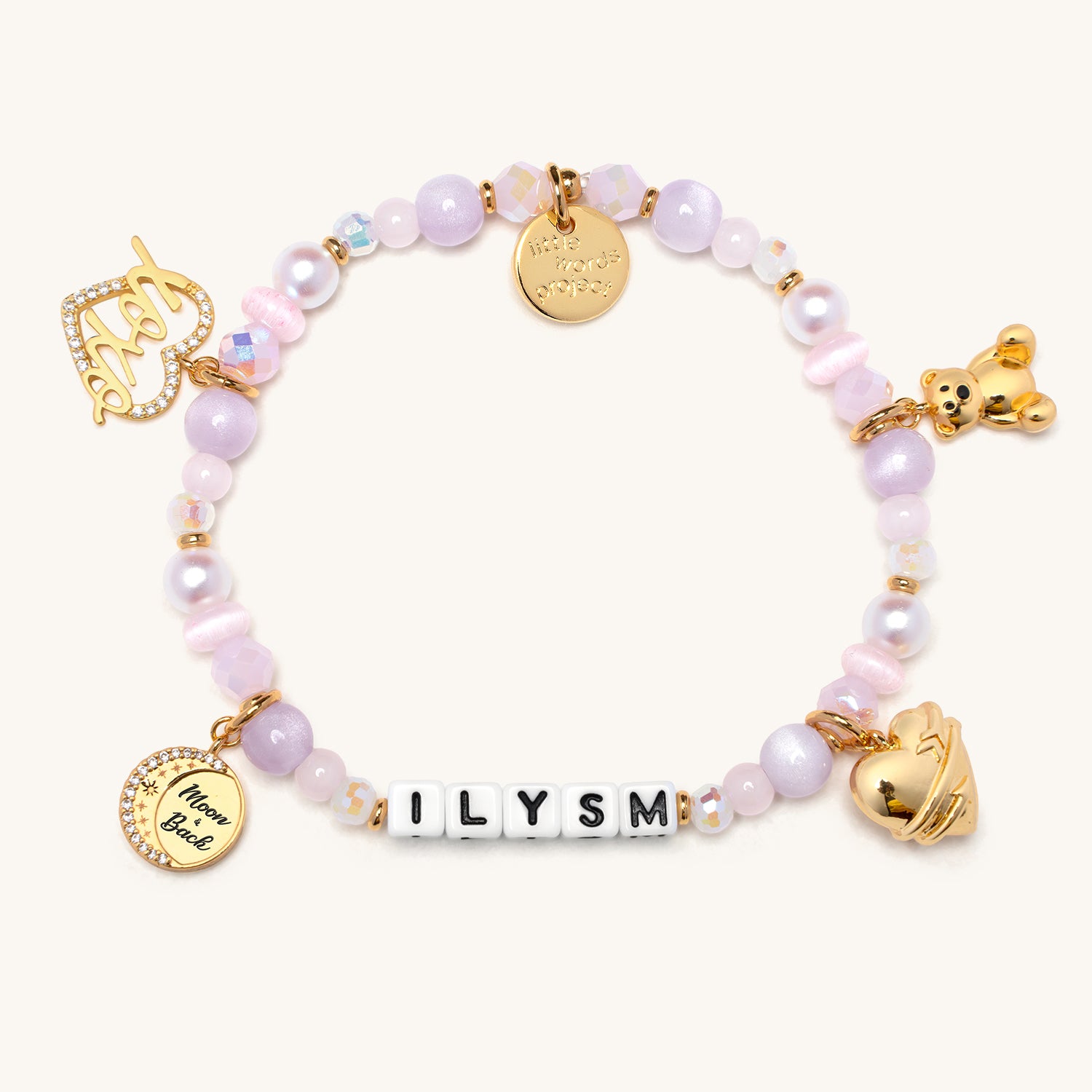 Multicolored beaded bracelet with various charms on a white background
