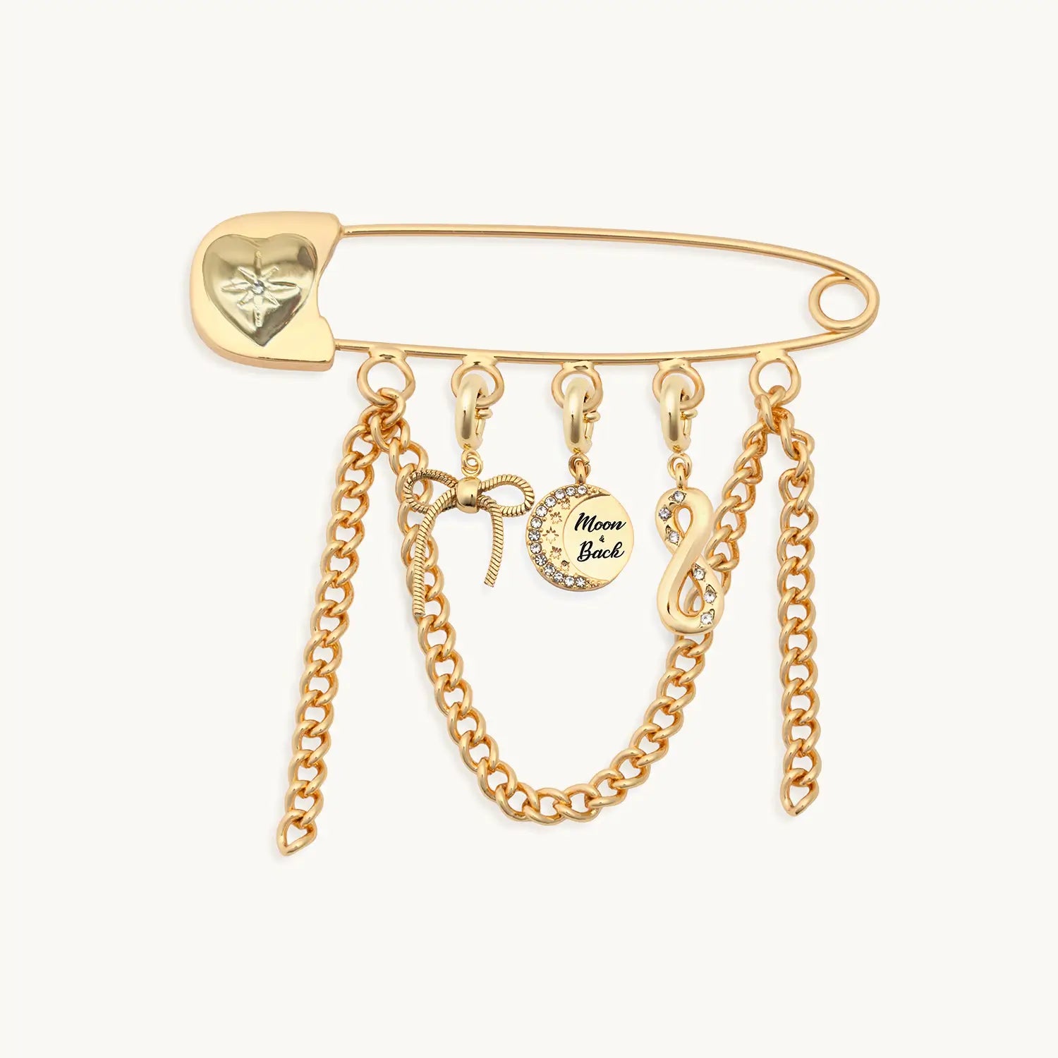 Gold brooch with chains and heart-shaped pendant on a white background