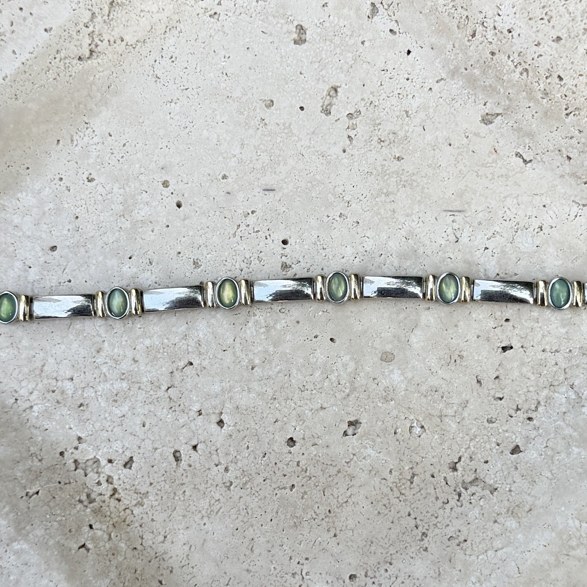 Green Cabochon Silver Rectangle Bracelet