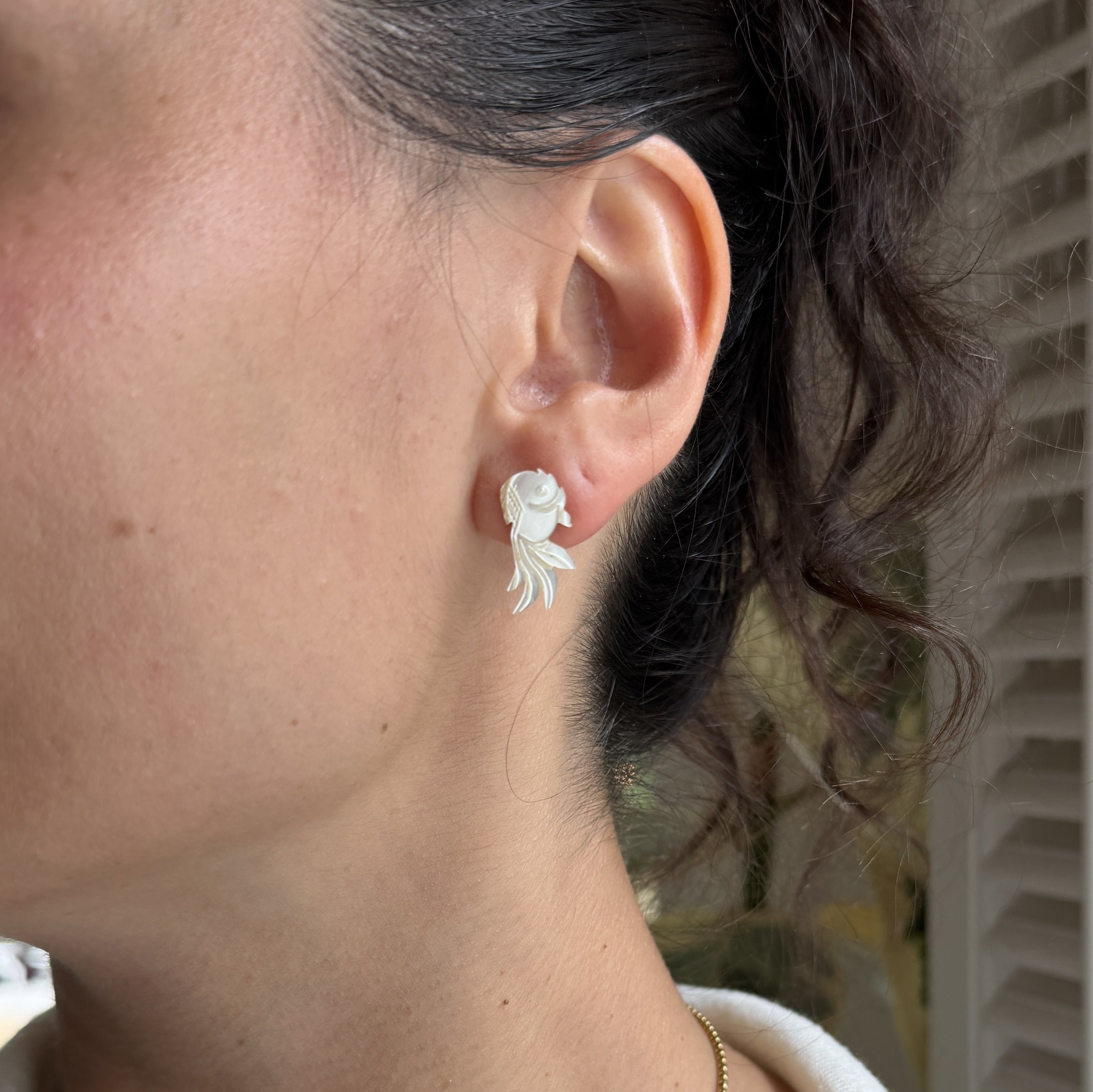 Carved MOP Koi Stud Earrings