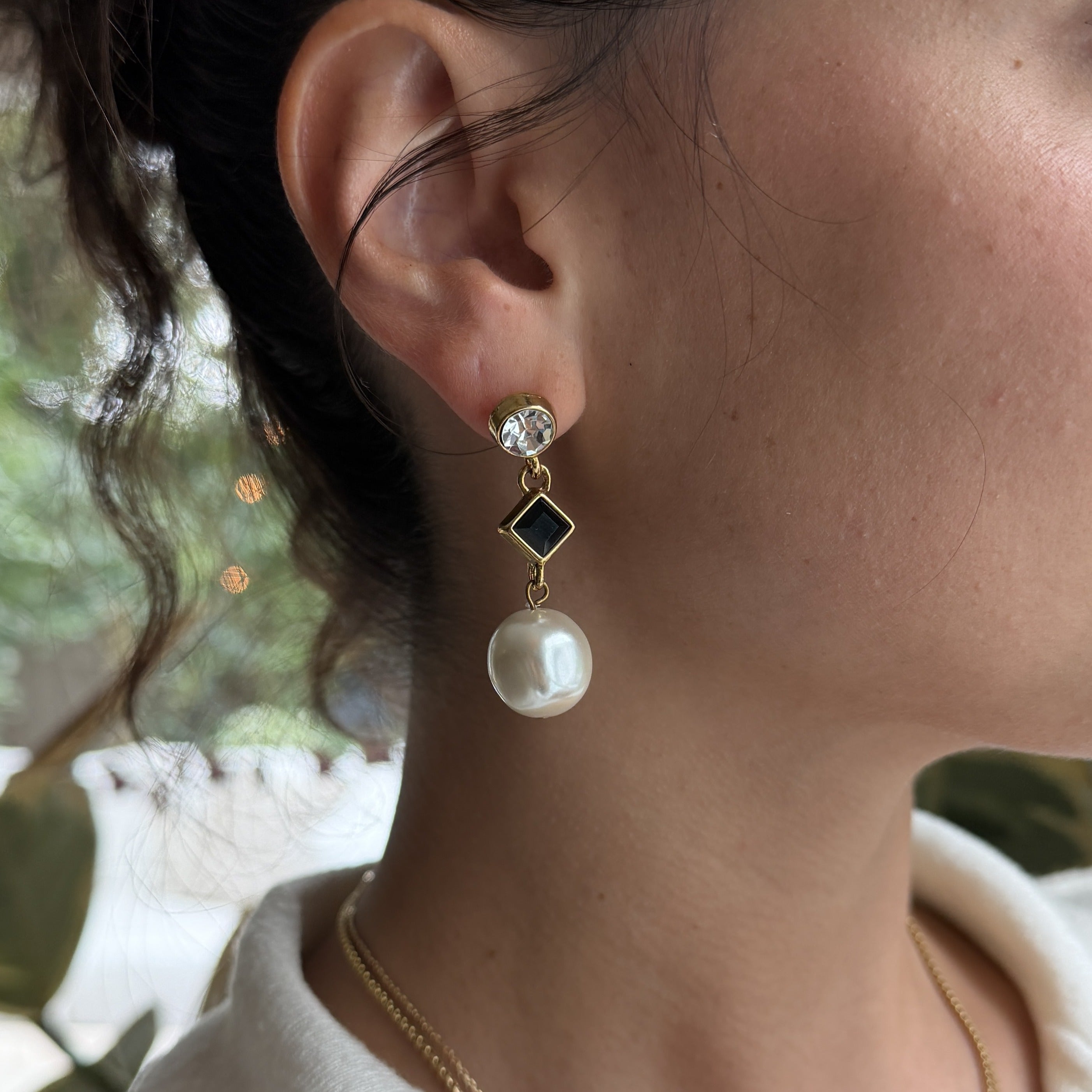 Gold Studs with Black Diamond and Pearl Drops