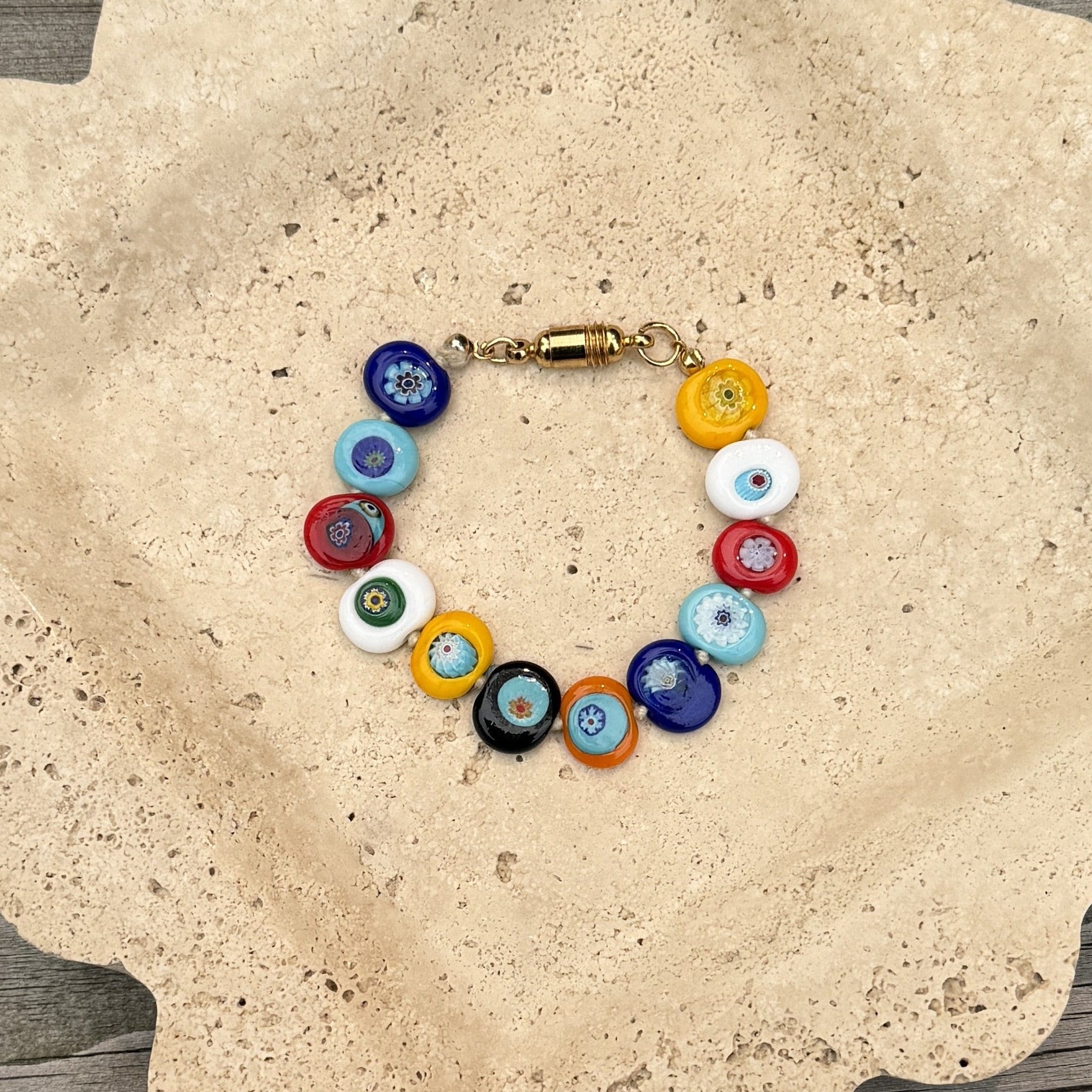 Flat Oval Multicolor Glass Bead Bracelet
