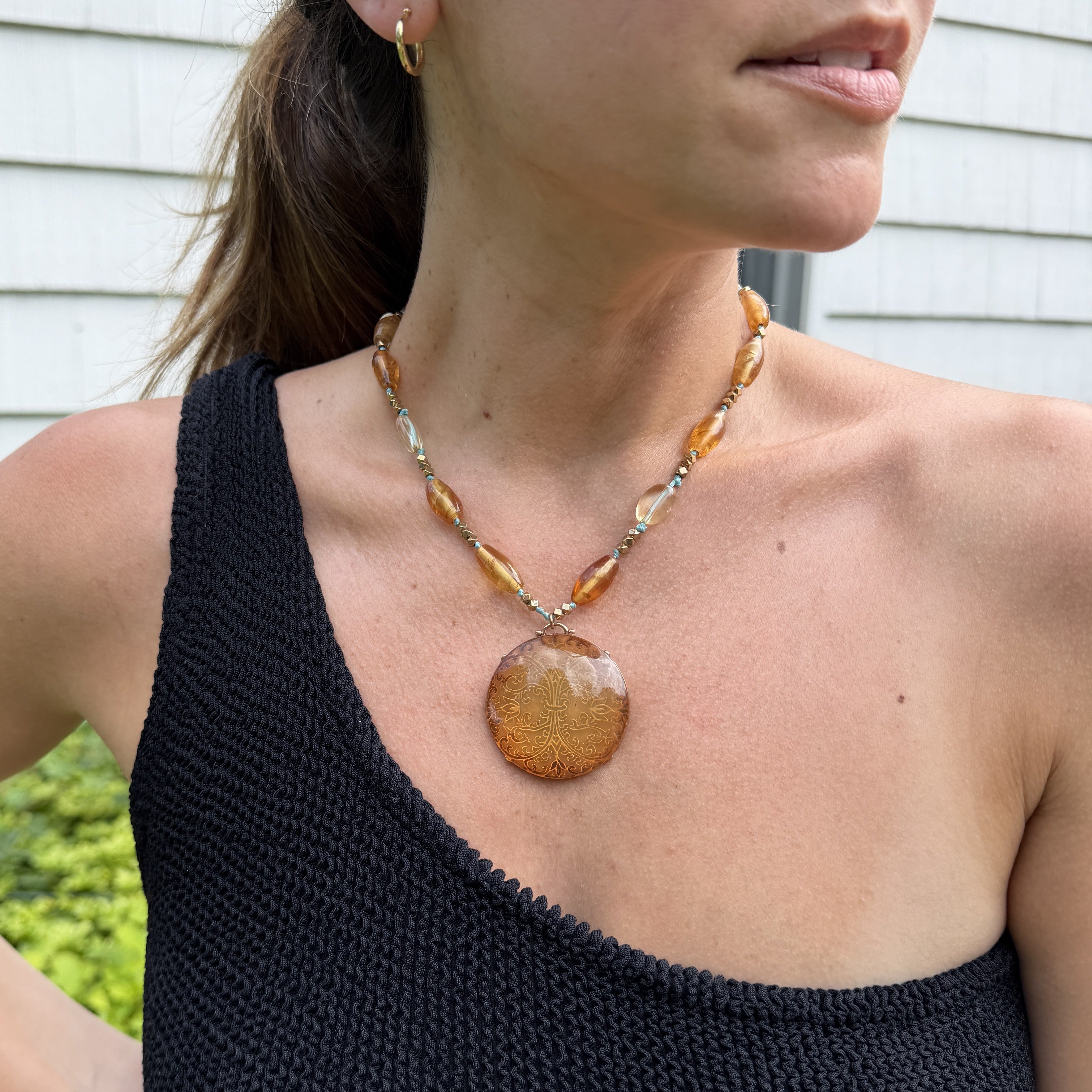 Crescent Monet Amber & Teal Glass Bead Necklace