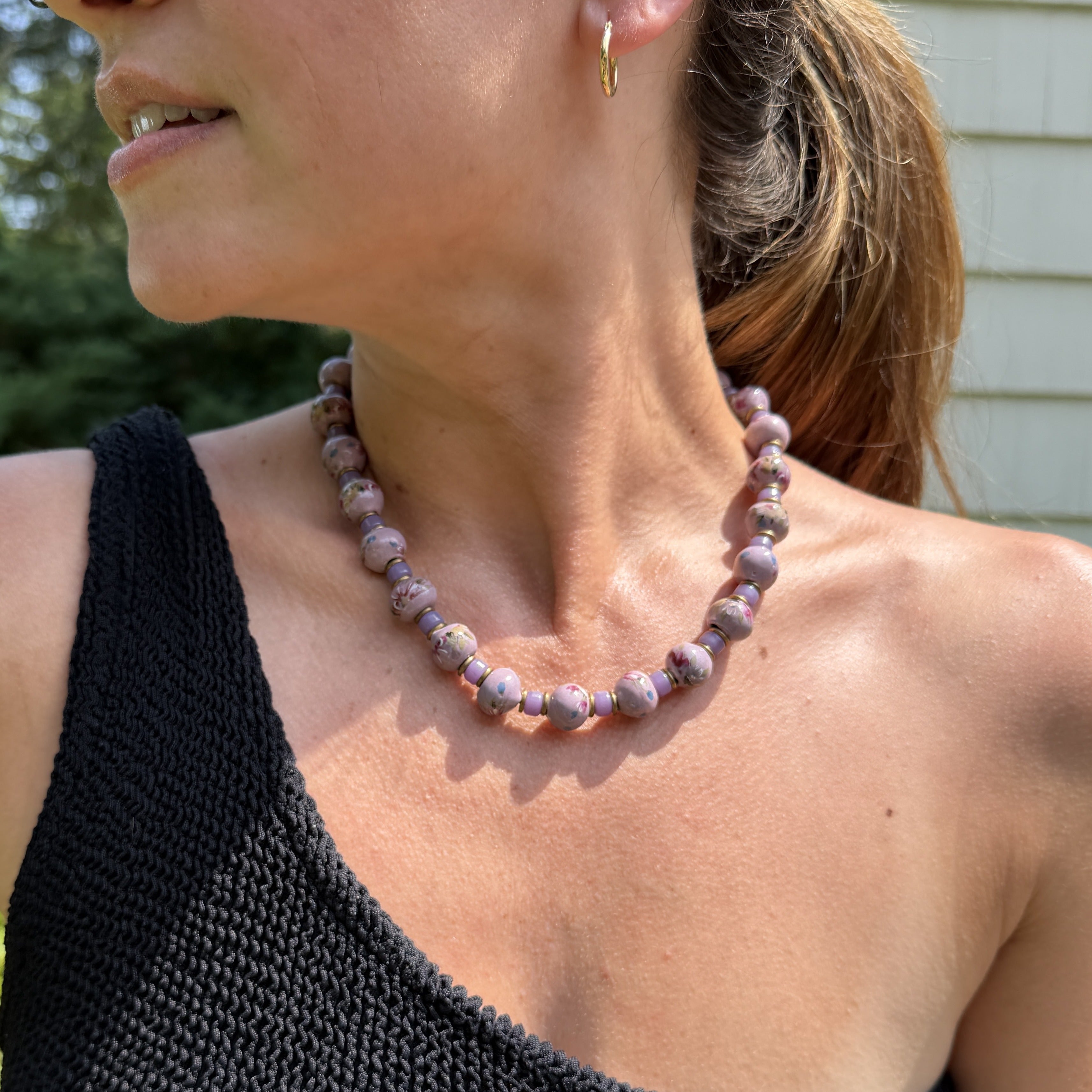 Purple Painted Wooden Bead Necklace