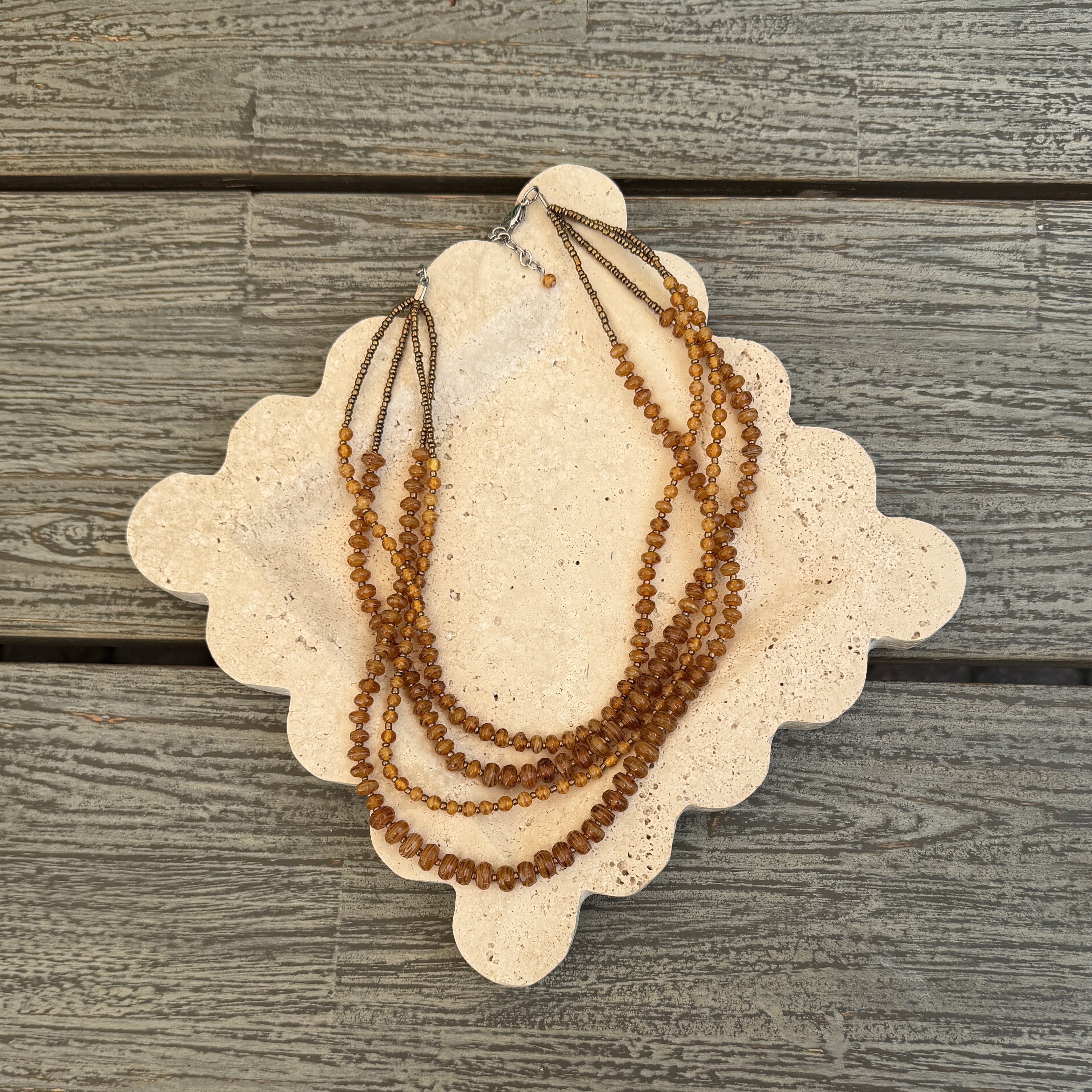 Amber-Tone Glass and Bronze Multi-Strand Necklace