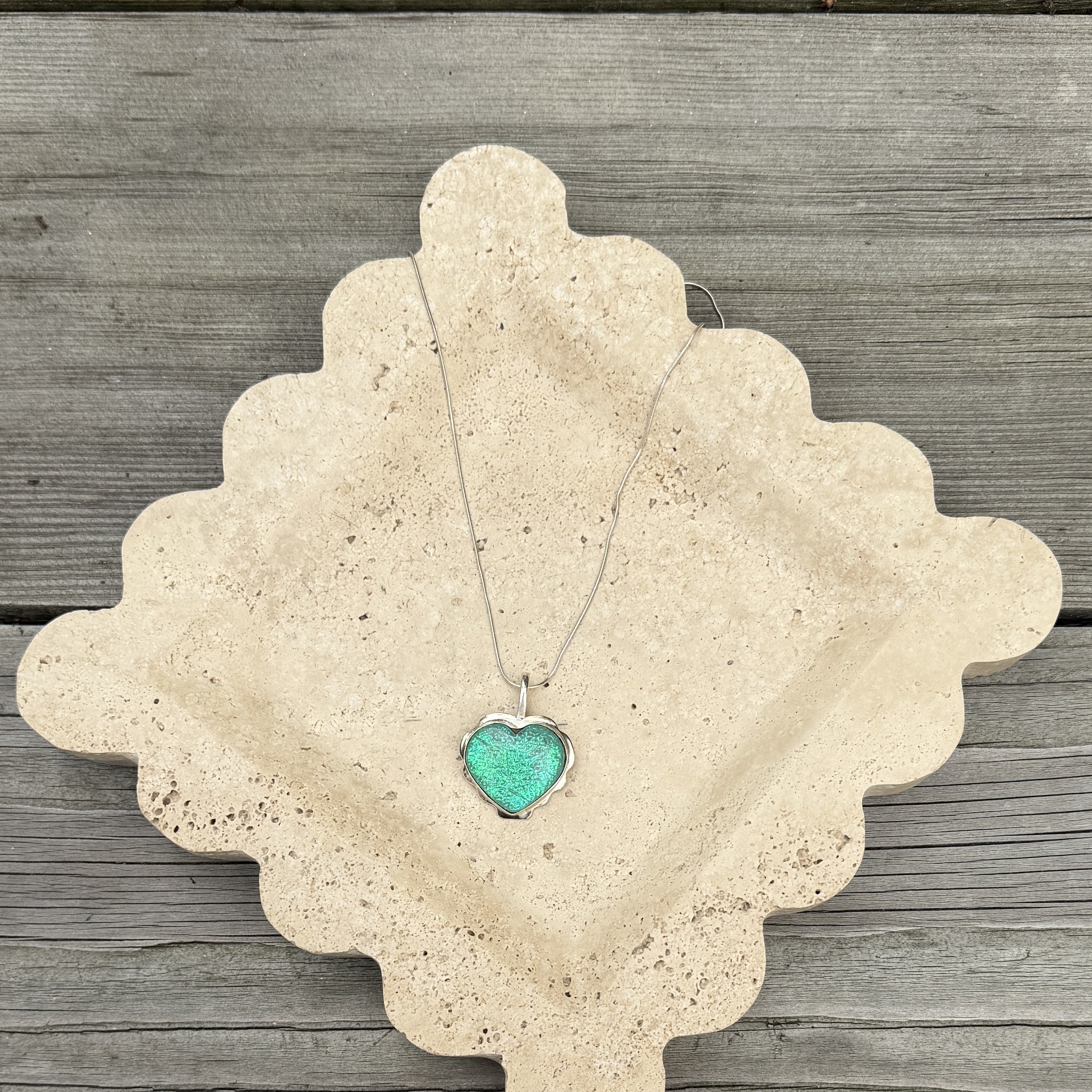 Iridescent Green Heart Sterling Silver Pendant