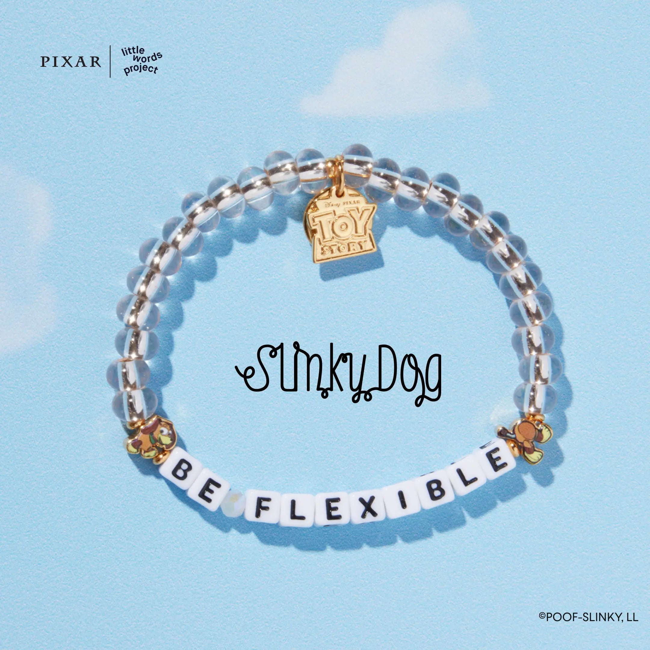 Be Flexible Toy Story bracelet with a gold charm on a blue background with a Slinky Dog signature