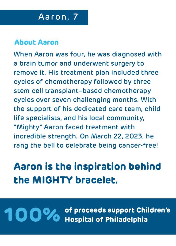 Text about Aaron's cancer journey and the Mighty bracelet initiative with a blue banner.