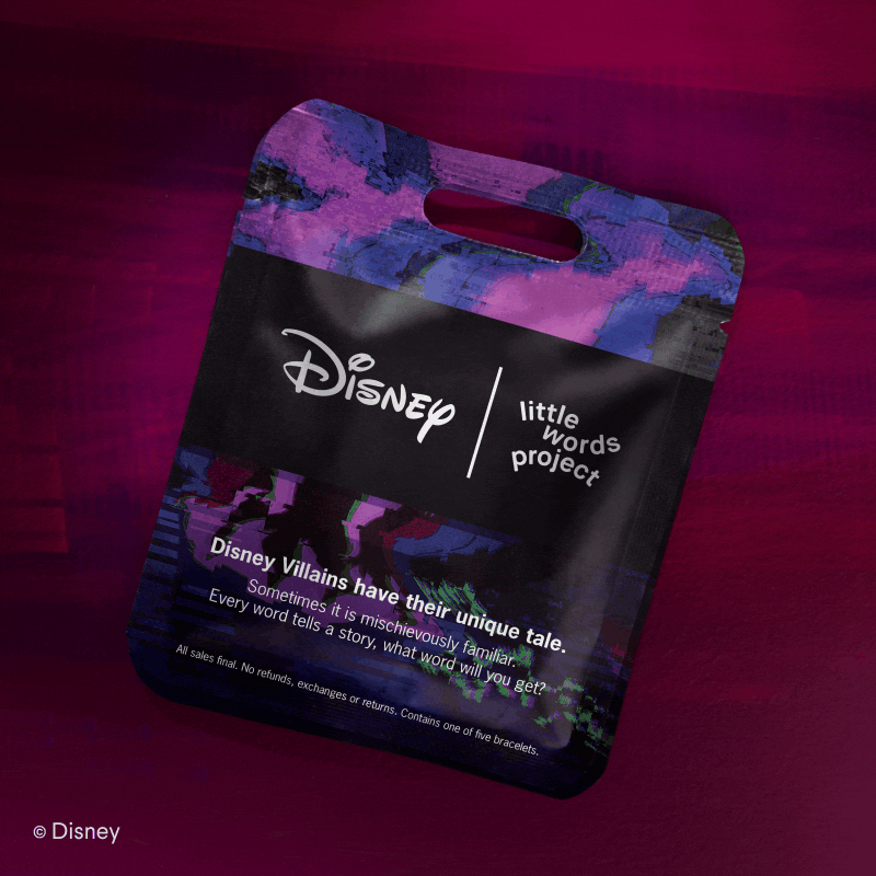 Animated preview of the Disney Villains Blind Bag showing the black and purple pouch and the collectible bracelet styles inside, ending on the blurred mystery chaser bracelet.