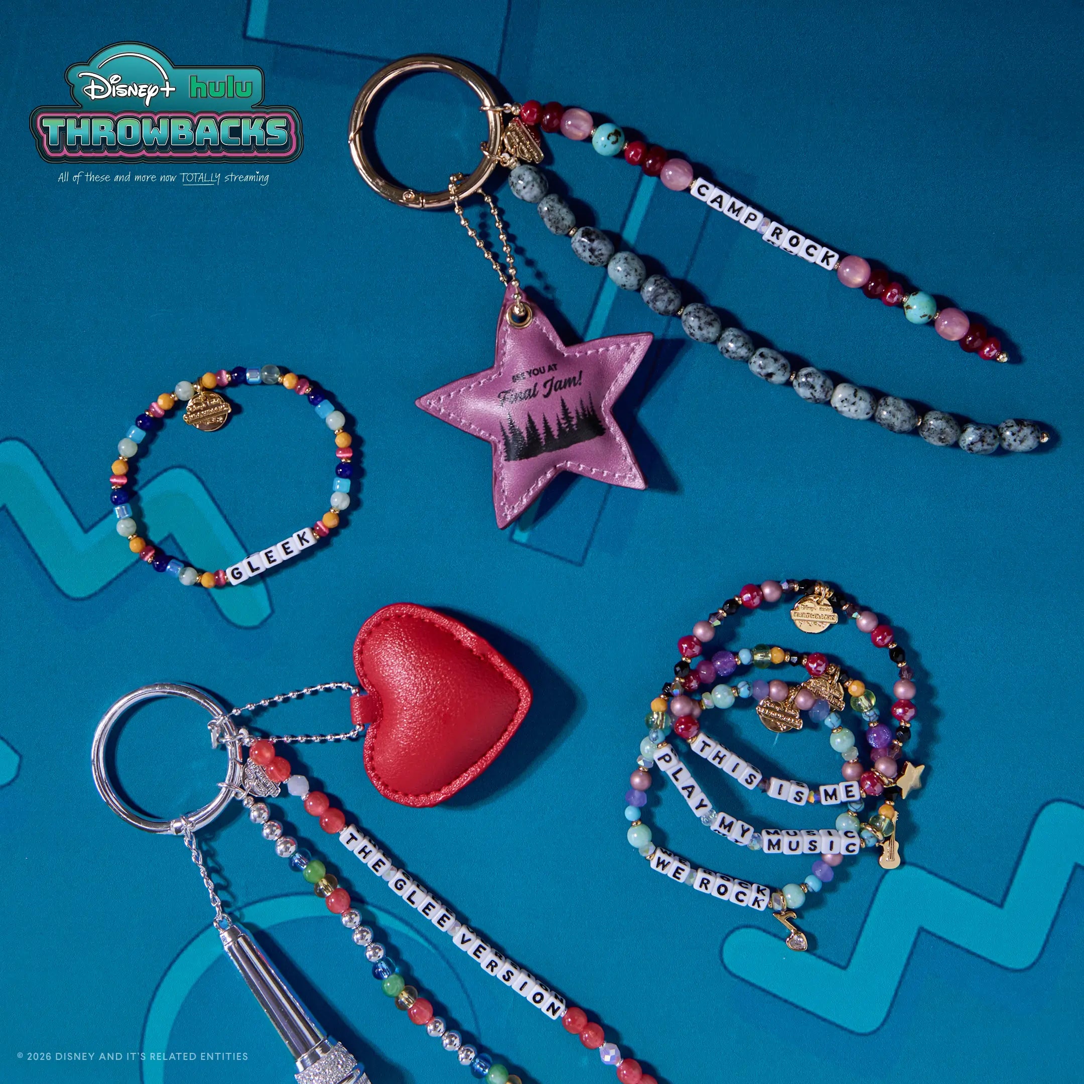 Throwback Set from Disney+ Hulu Throwbacks with all six pieces styled on a teal Y2K graphic backdrop