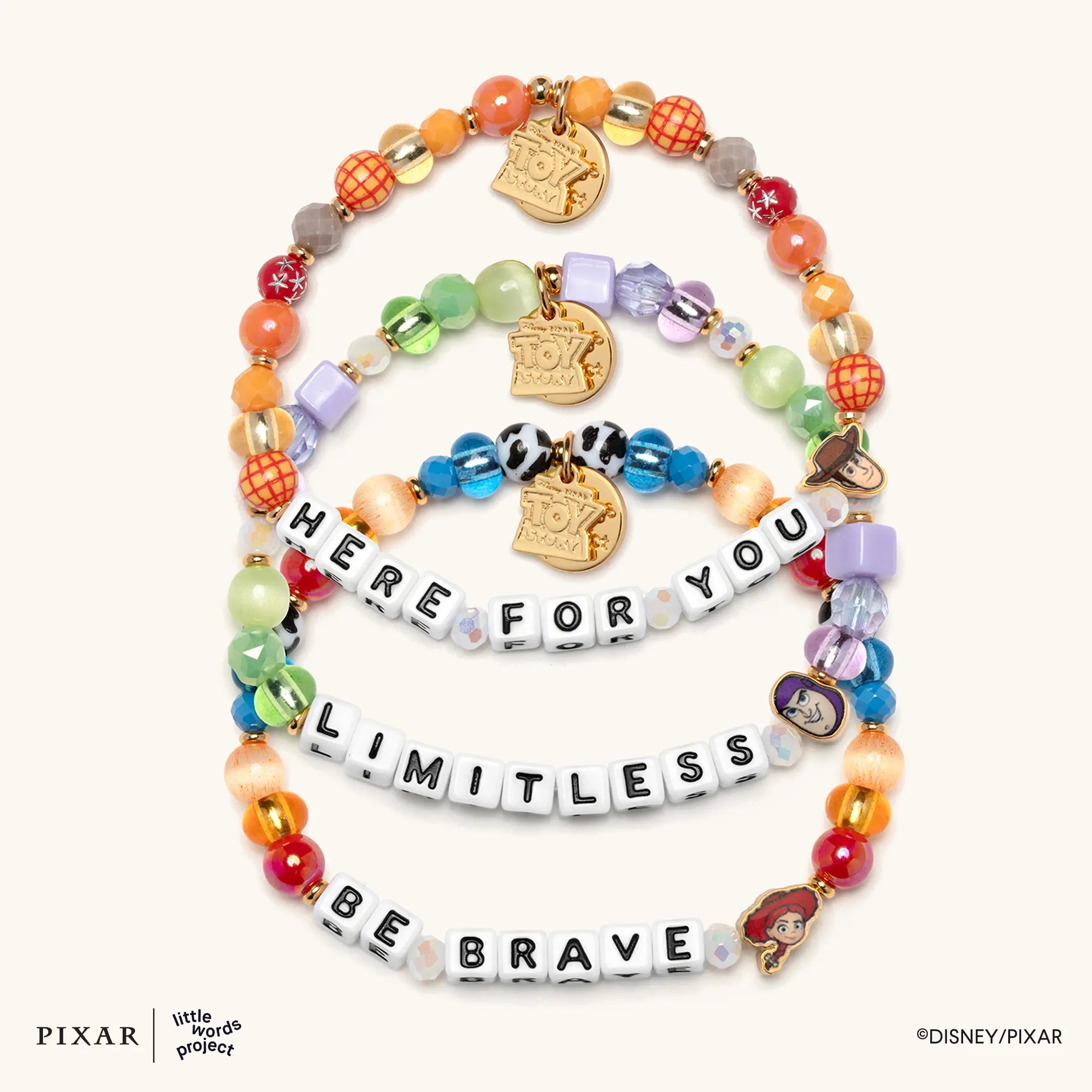 You've Got a Friend three-bracelet Toy Story set, Here For You, Limitless and Be Brave, with charms, flat lay