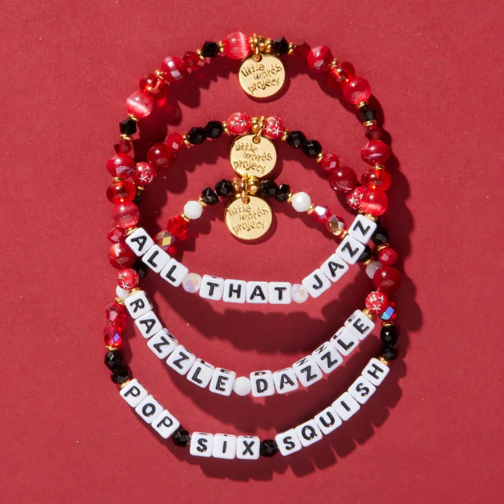 LWP x Chicago 30th Anniversary stack: All That Jazz, Razzle Dazzle, and Pop Six Squish bracelets