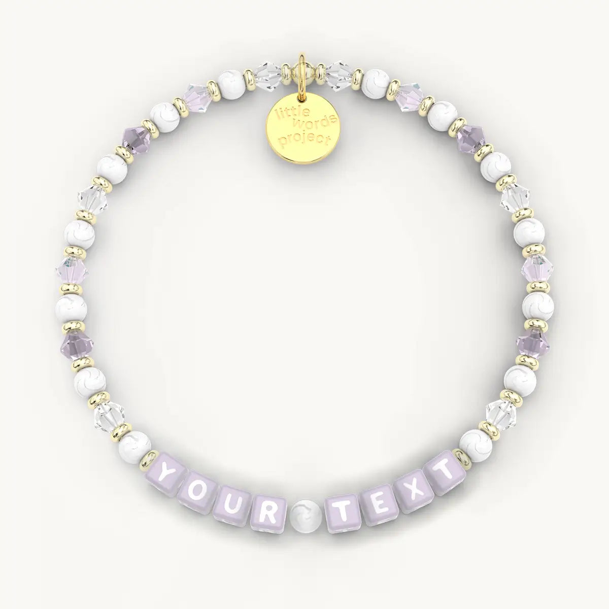 Personalized beaded bracelet with 'Your Text' on a white background